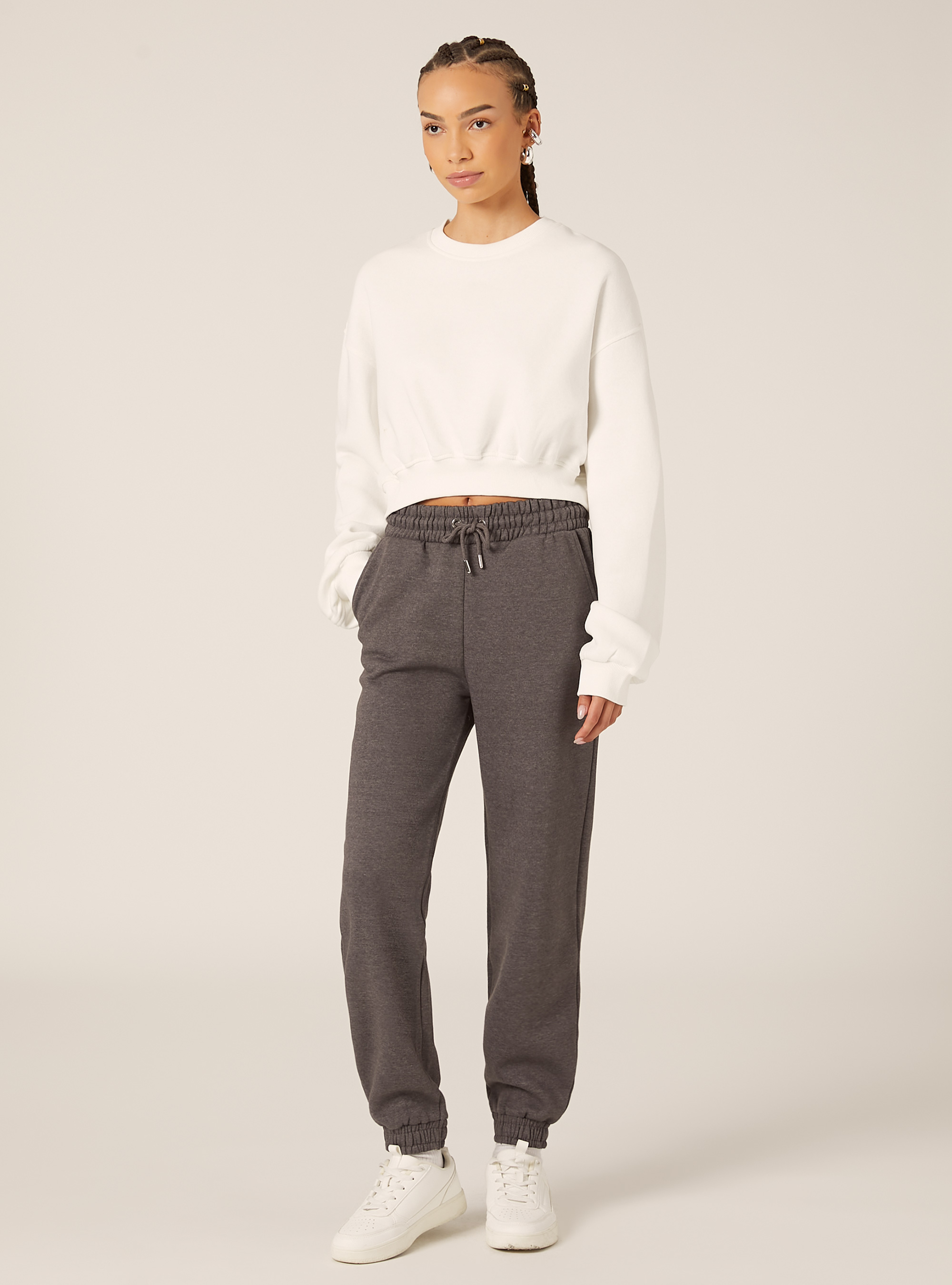 Sweat-shirt &agrave; col rond en coton court, WH2 WHITE