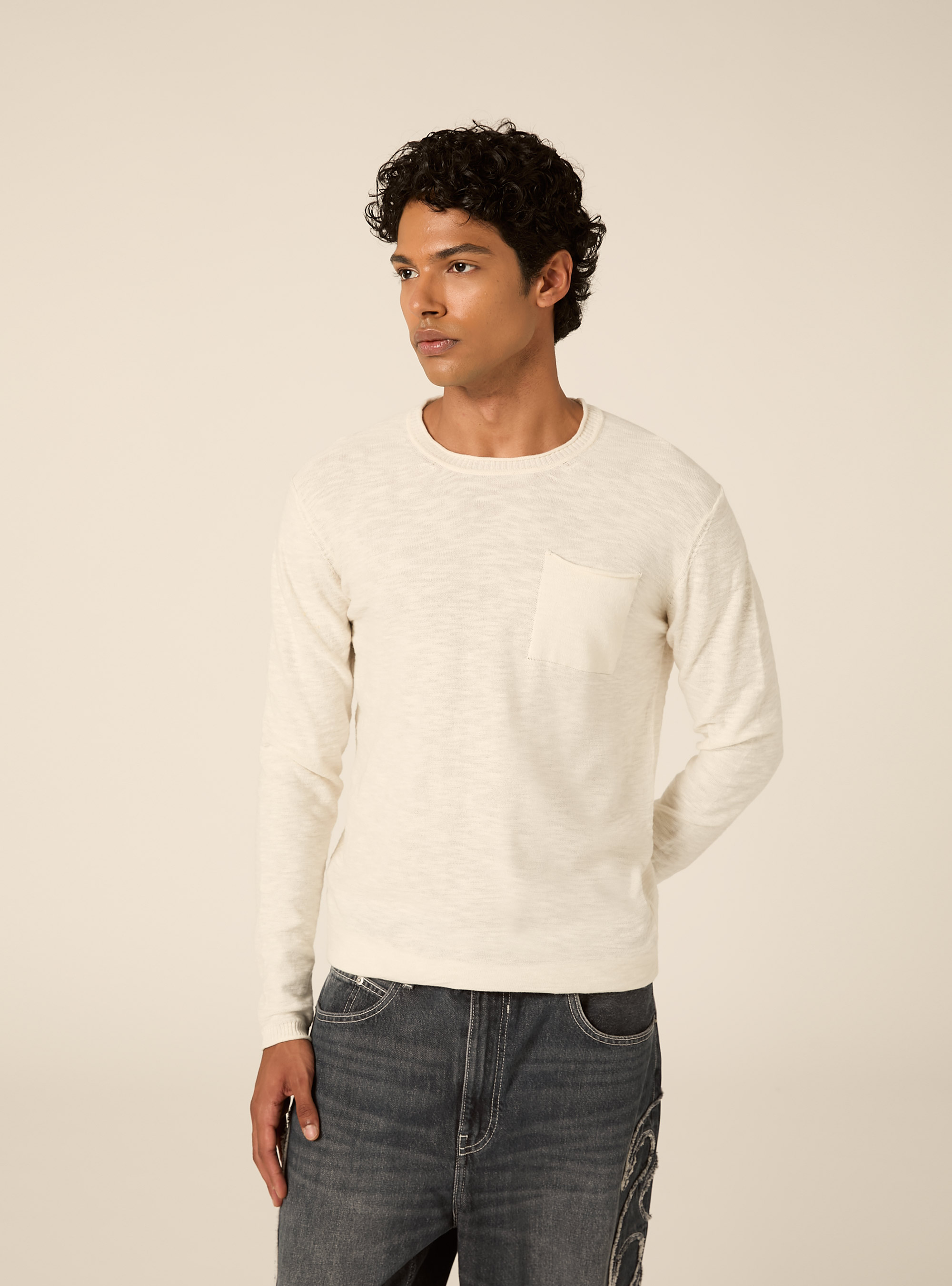 Lightweight crewneck pullover with chest pocket, WH1 OFF WHITE