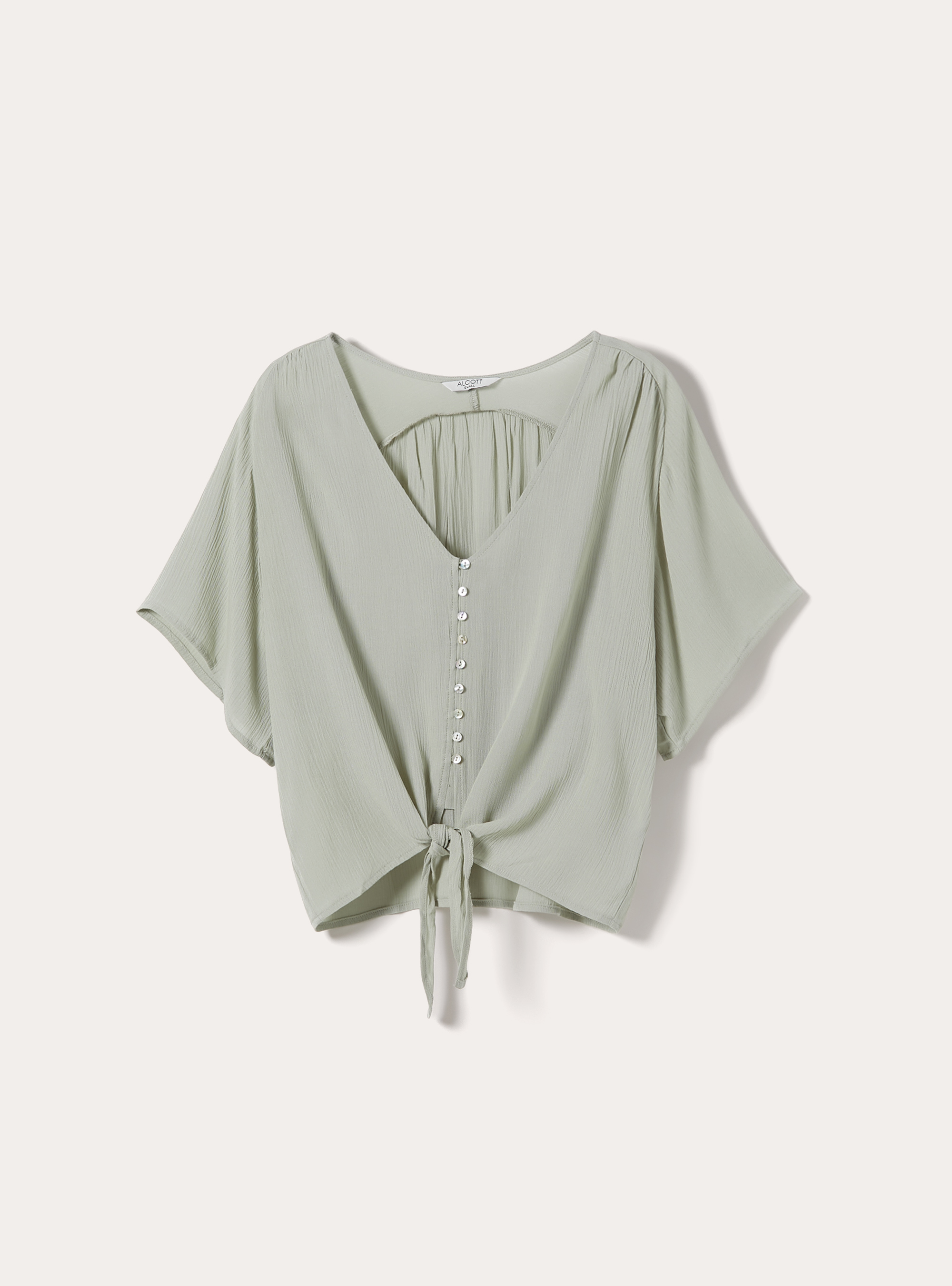 Camisa de cuello en V lisa con nudo en la cintura, KY3 KAKY LIGHT