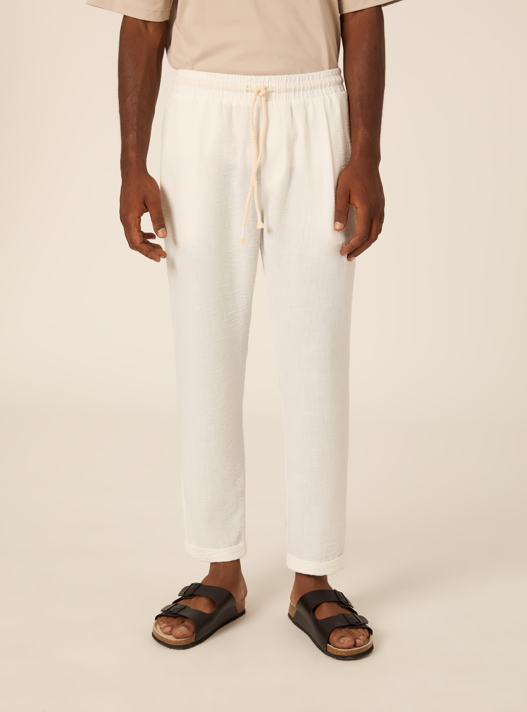 Comfort Fit Pleated Trousers with Drawstring, WH2 WHITE
