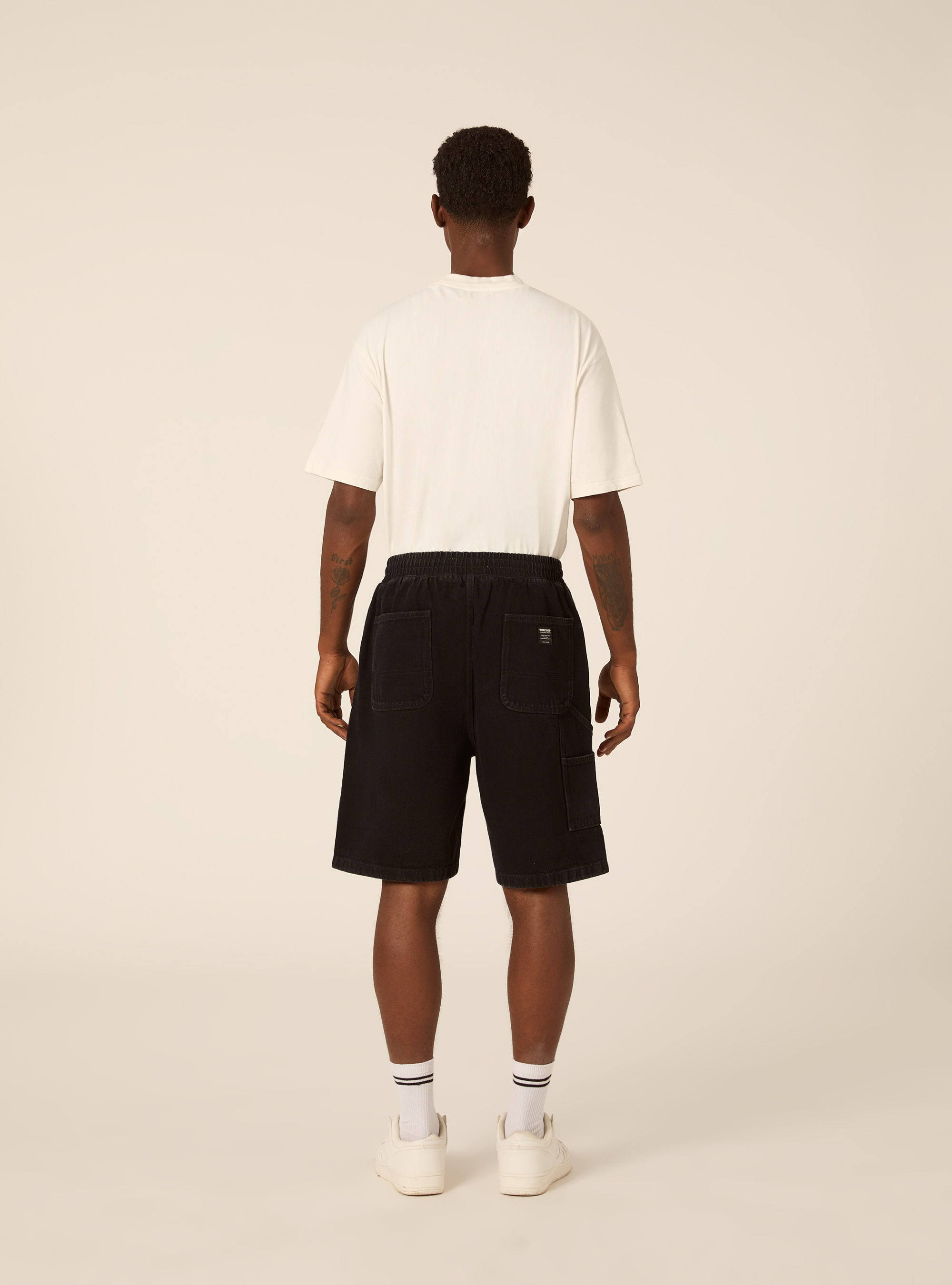 Bermuda carpenter con elastico in vita in twill, BK1 BLACK