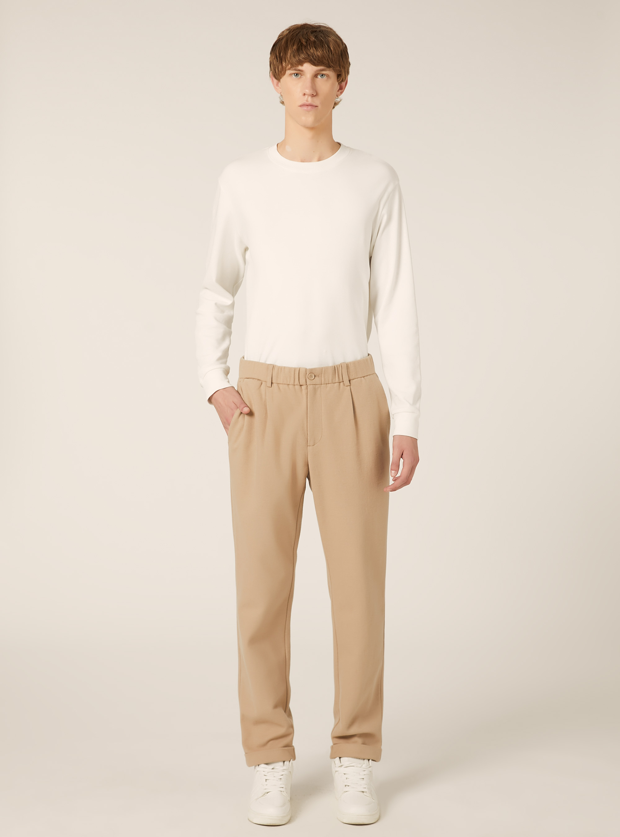 Pantalon &agrave; pinces effet flanelle, BG2 BEIGE MEDIUM