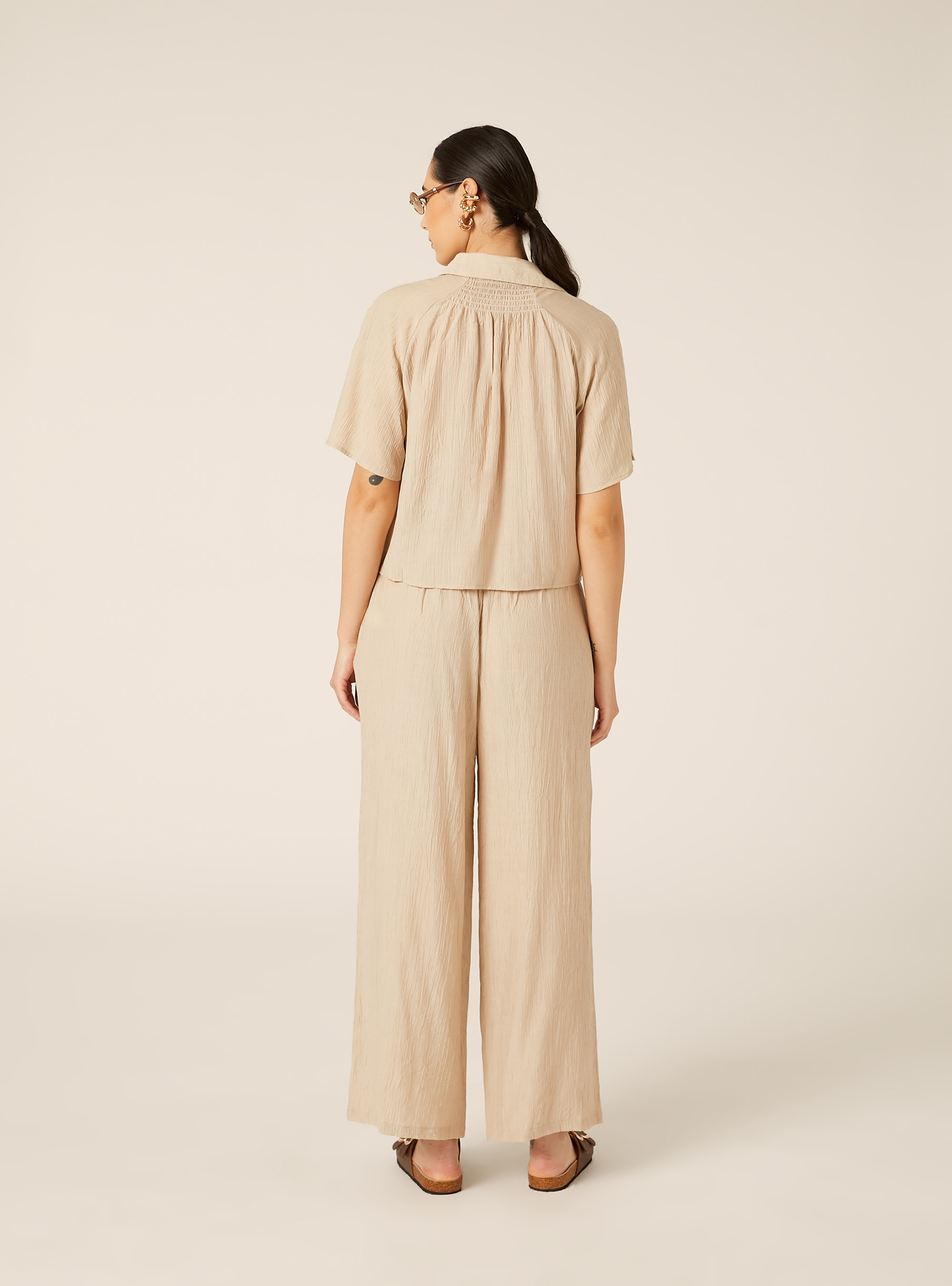Camicia maniche corte in crepe, BEIGE MEDIO