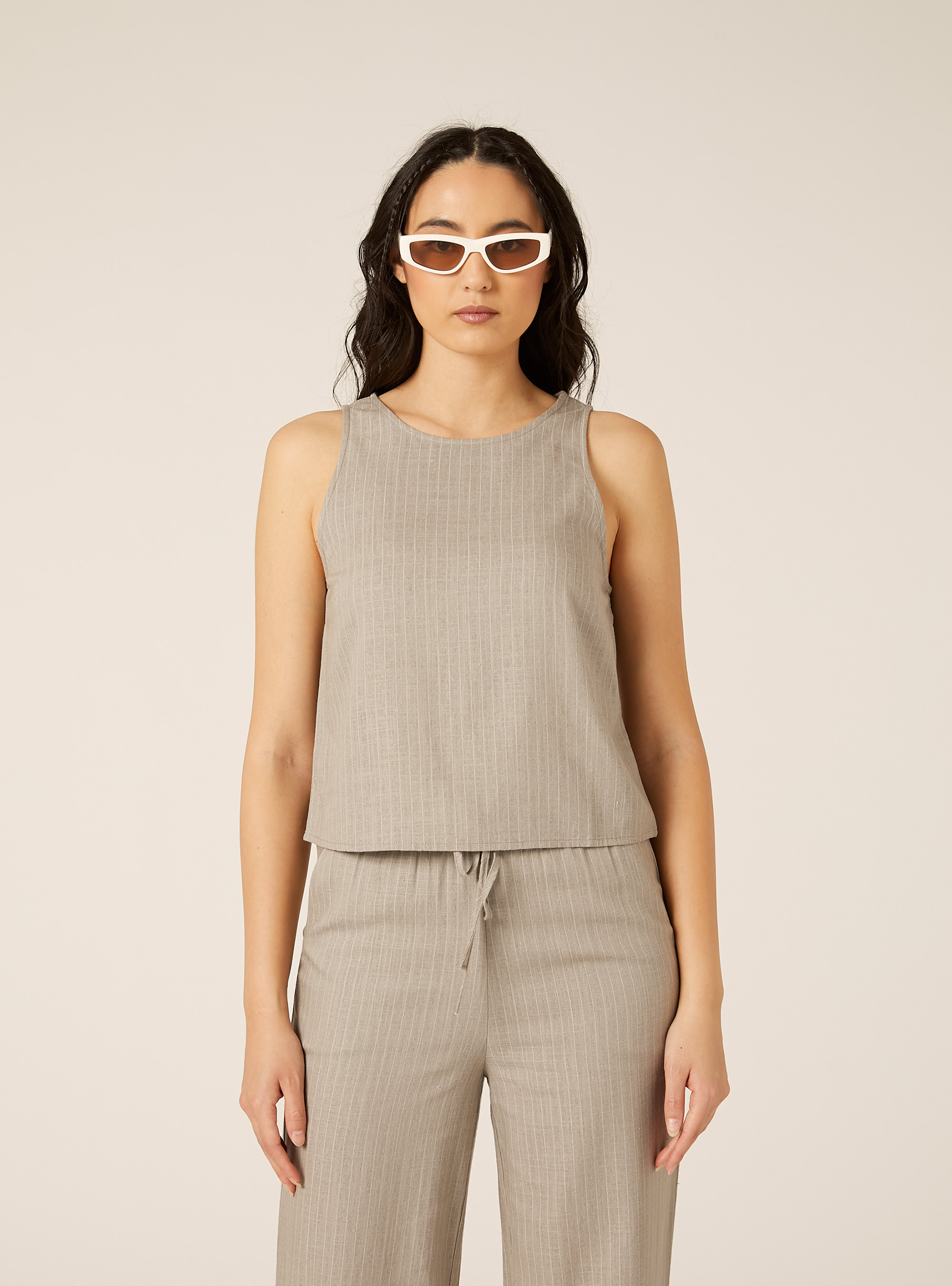 Top de Tirantes B&aacute;sico de Mezcla de Lino, STRIPE BEIGE/WHITE