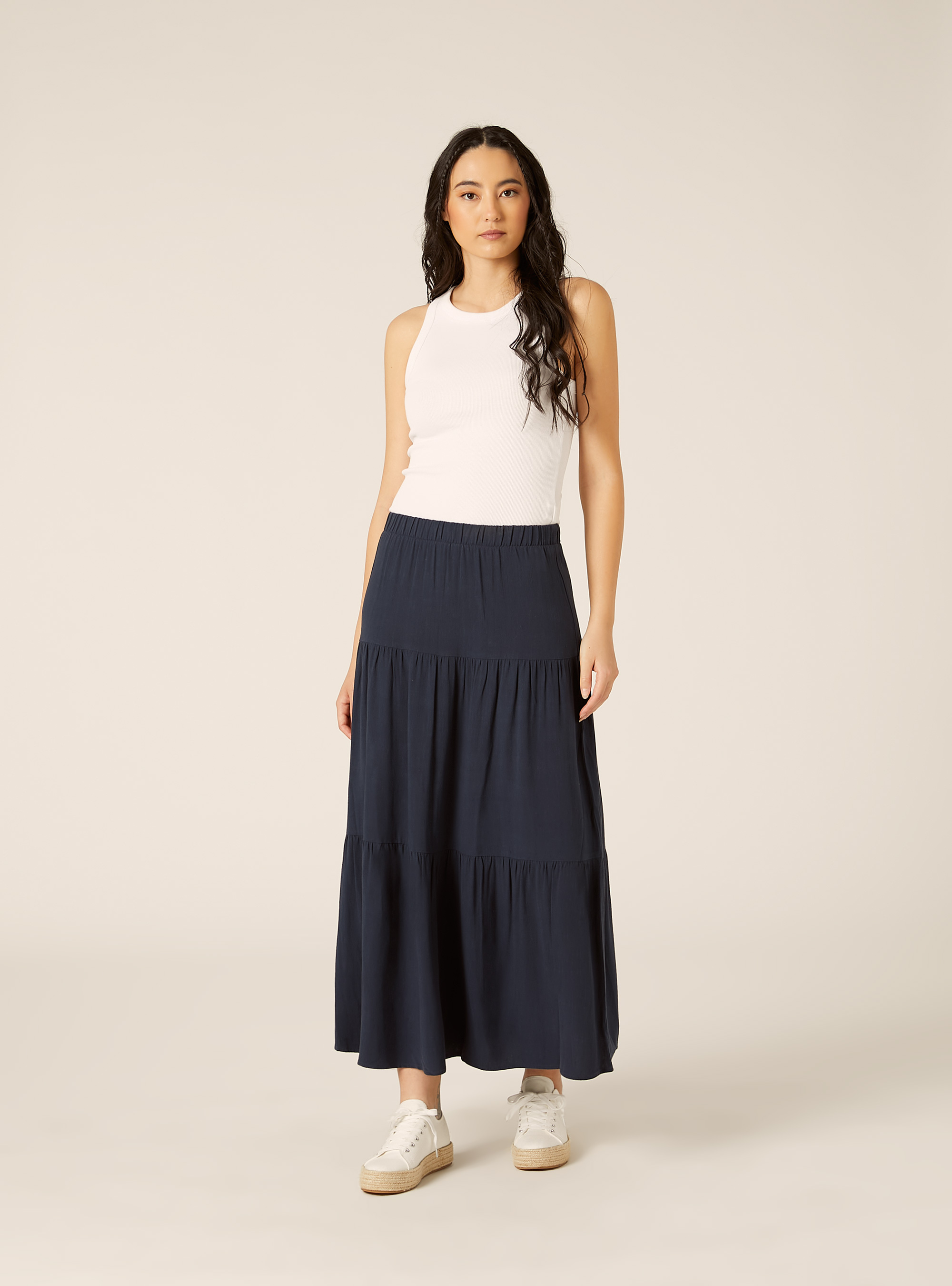 Falda boho con volantes en mezcla de lino, NA2 NAVY MEDIUM
