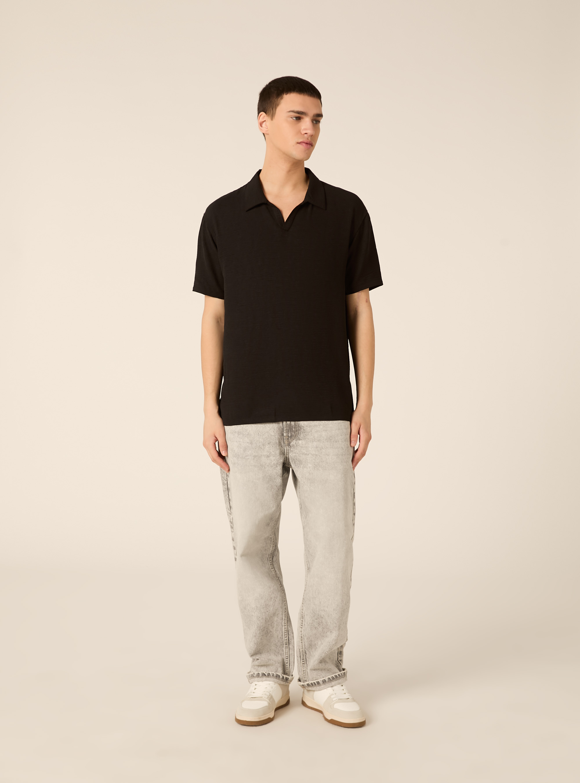Basic crepe polo shirt, BK1 BLACK