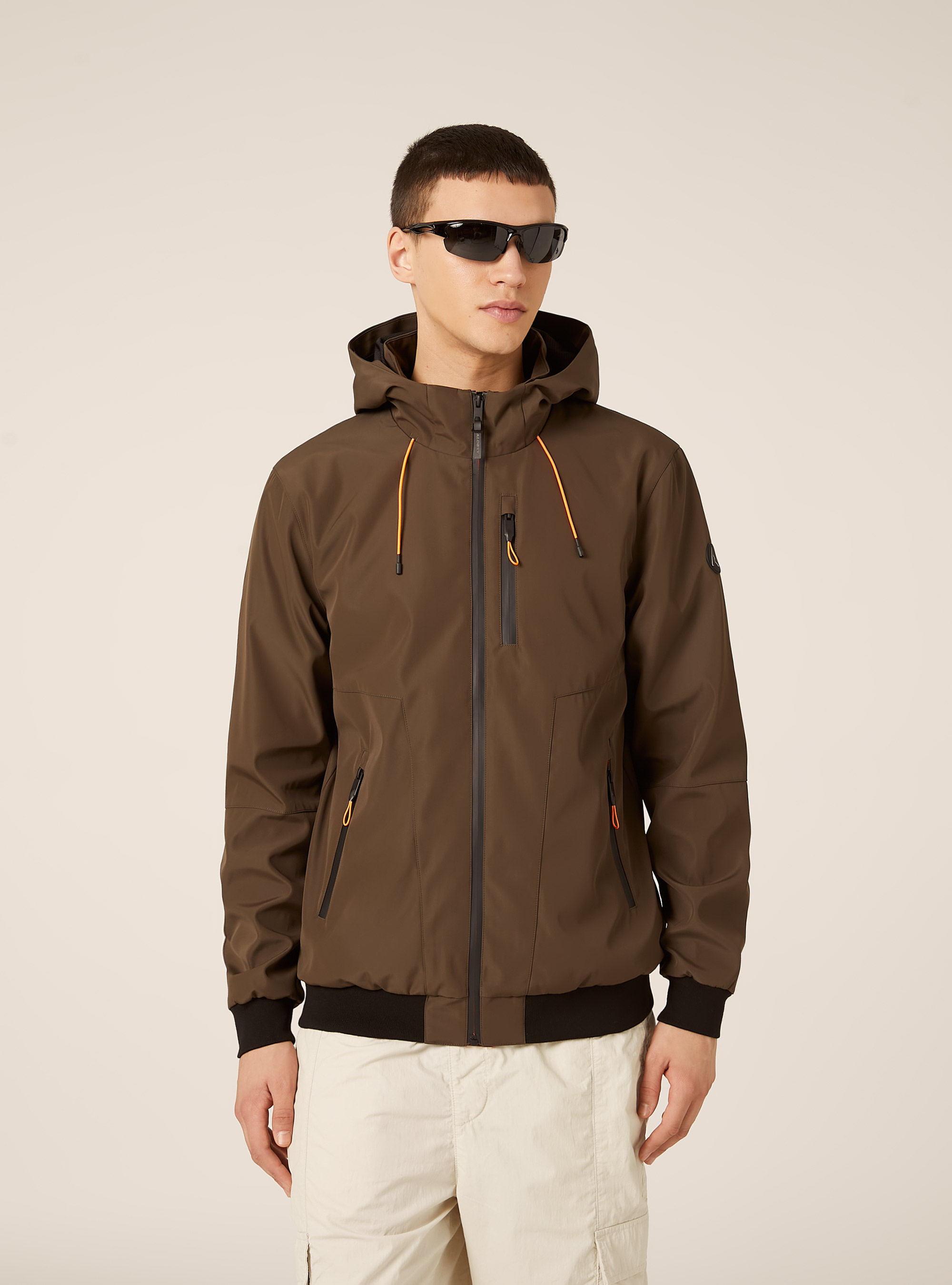 Windproof bomber jacket with hood, BR1 BROWN DARK