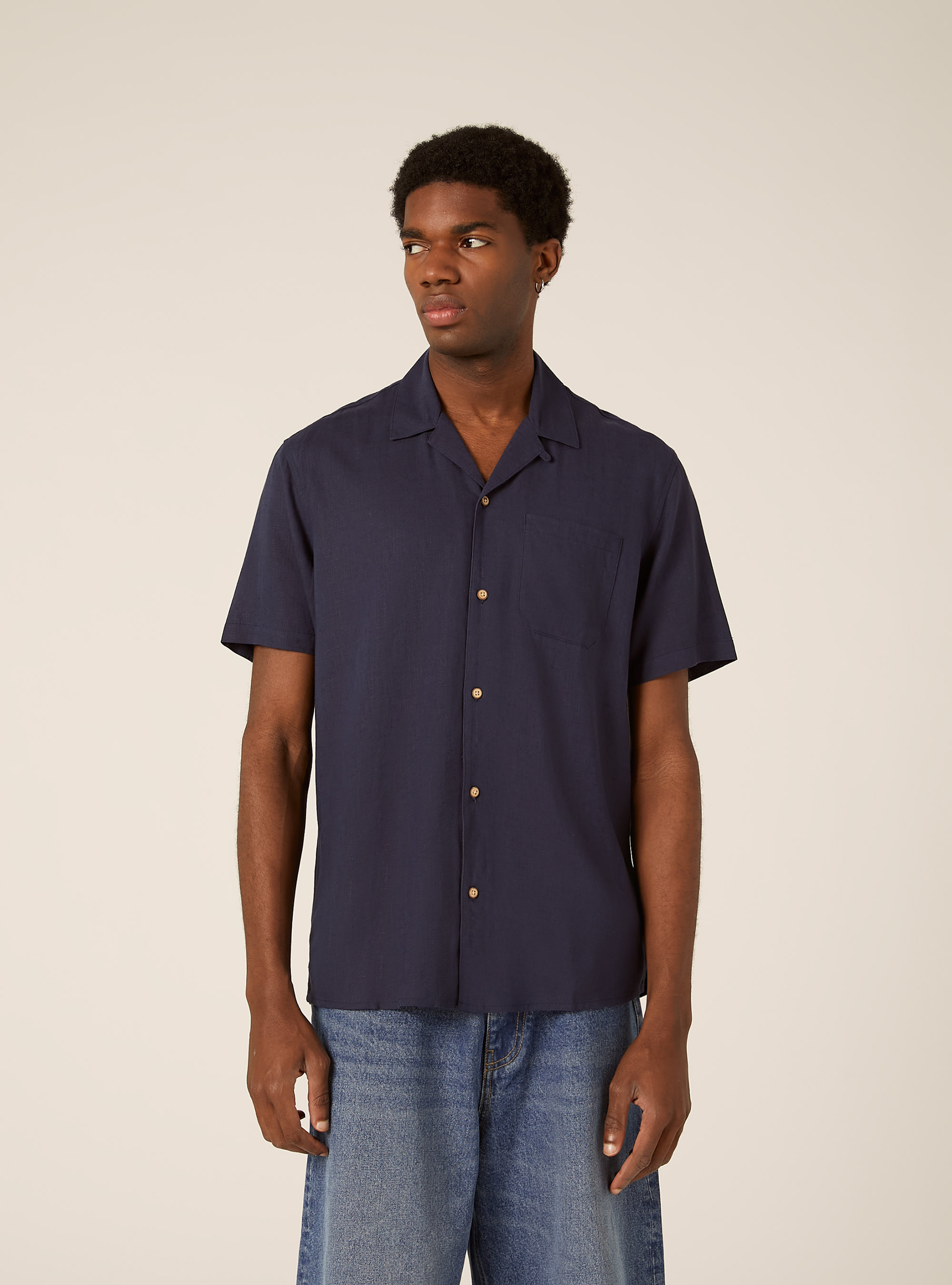 Linen blend shirt with bowling collar, BL2 BLUE MEDIUM