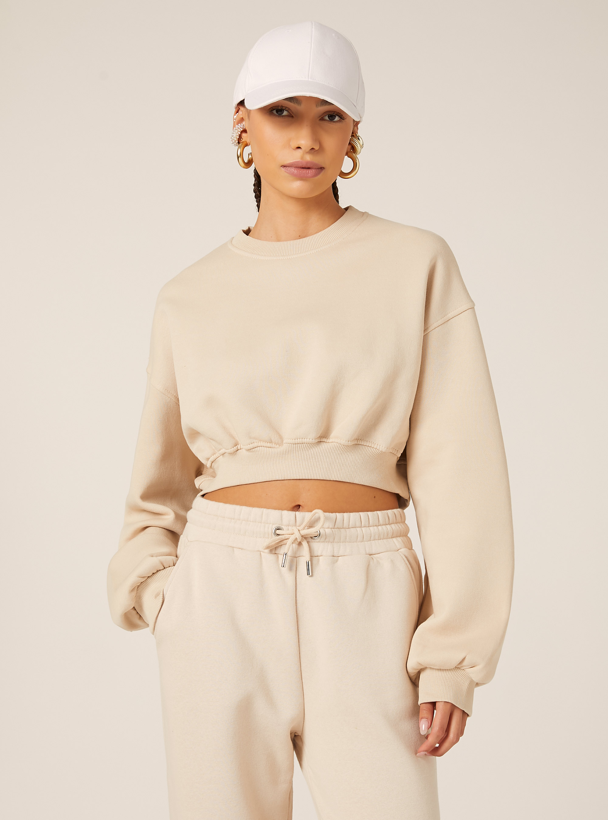 Sweat-shirt &agrave; col rond en coton court, BG2 BEIGE MEDIUM