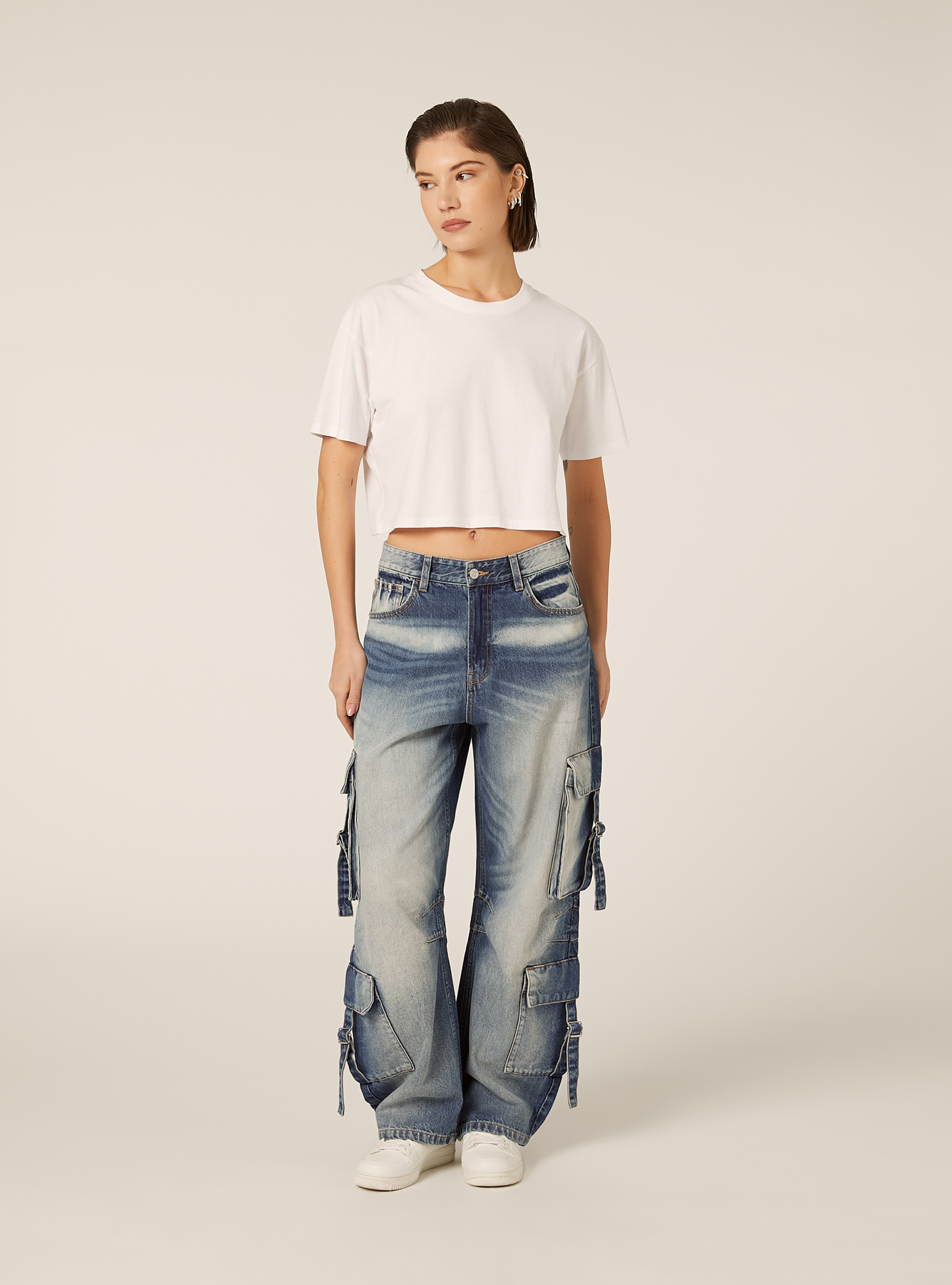 Baggy-fit cargo jeans with drawstrings, D004 MEDIUM LIGHT BLUE