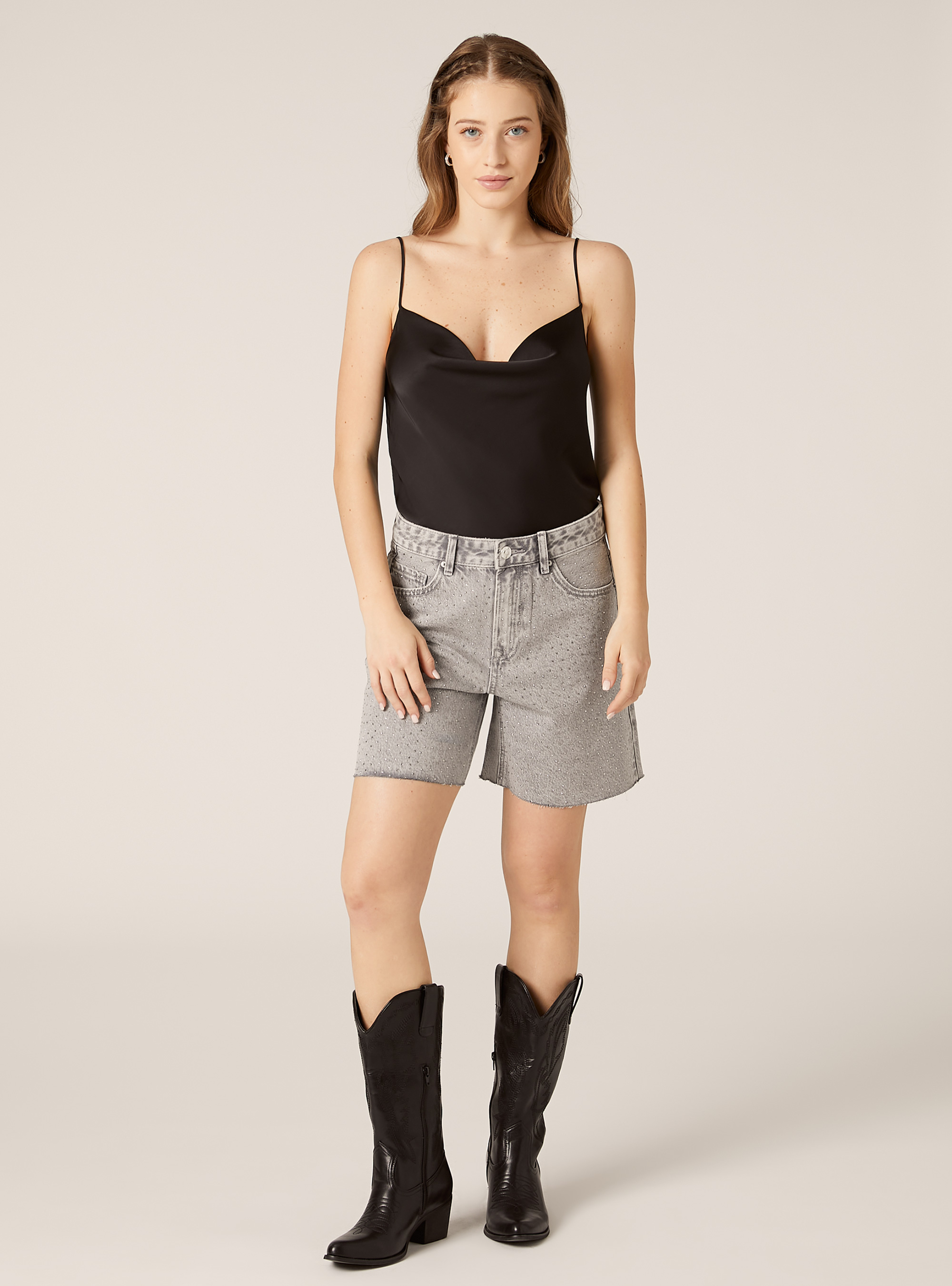Shorts in denim longline con strass, D00G GREY
