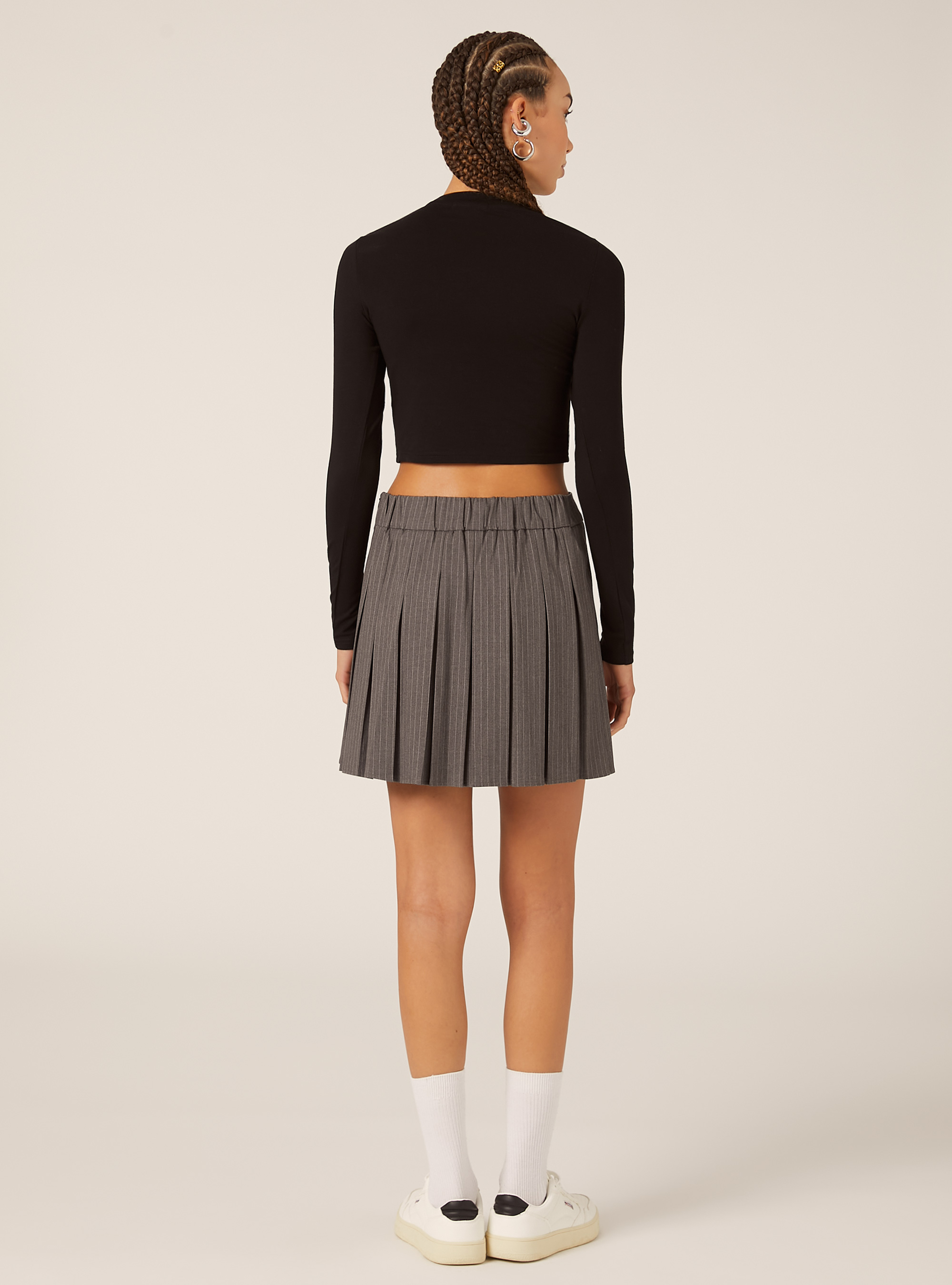 Mini-jupe pliss&eacute;e &agrave; motifs, MGY1 GREY MEL DARK