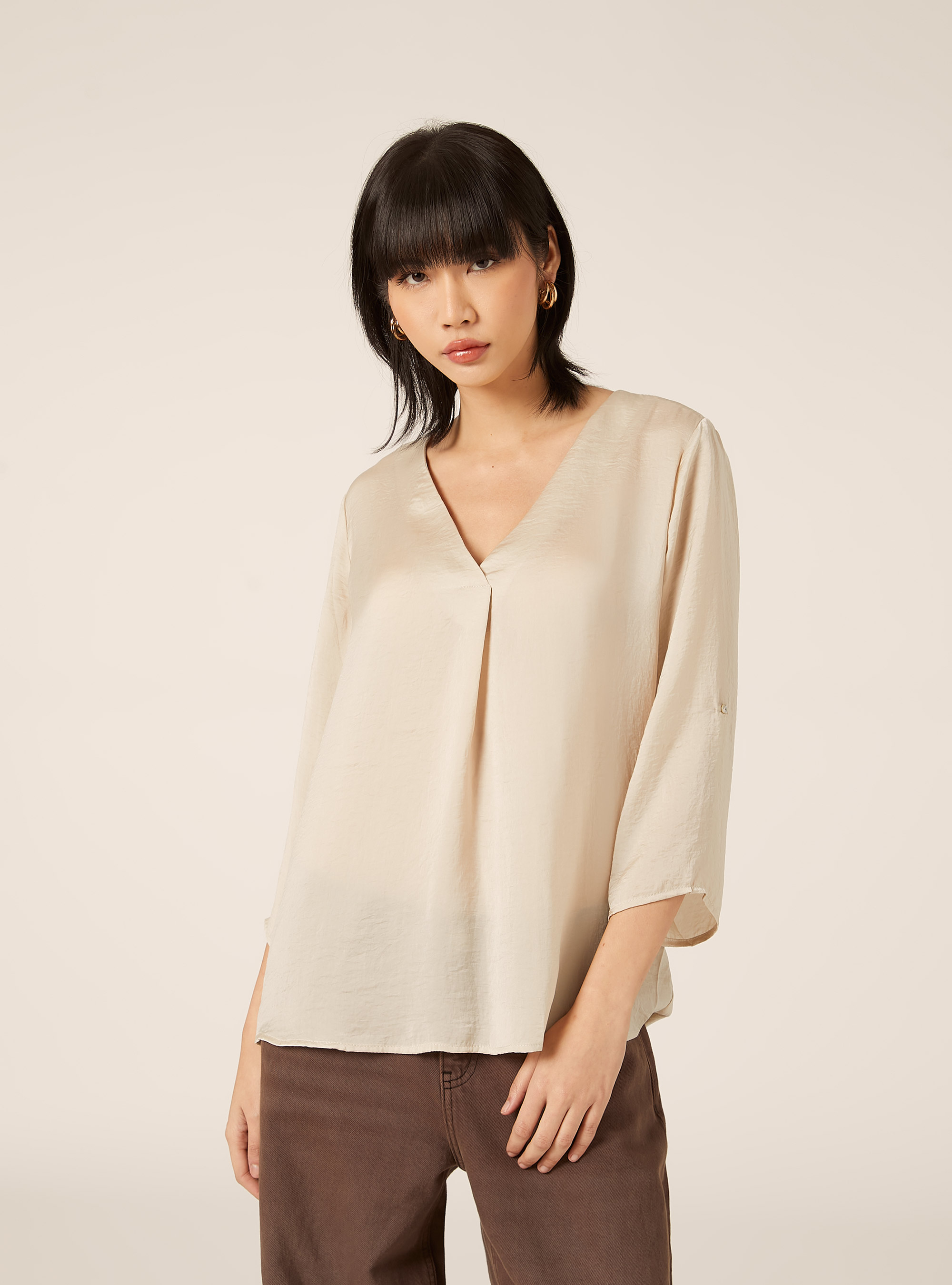 Blouse &agrave; encolure unie, BG3 BEIGE LIGHT