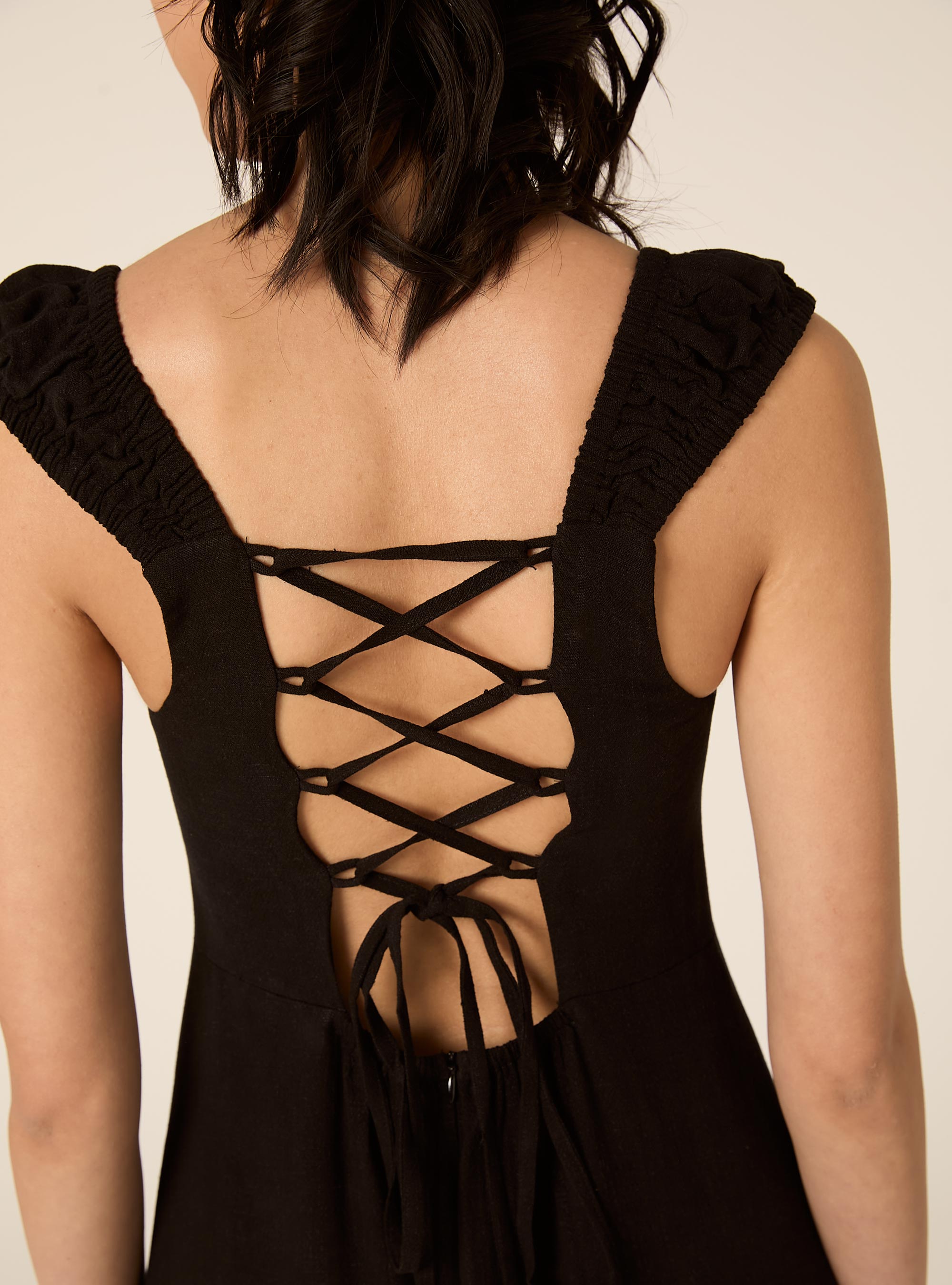 Linen-blend dress with an open back, BK1 BLACK