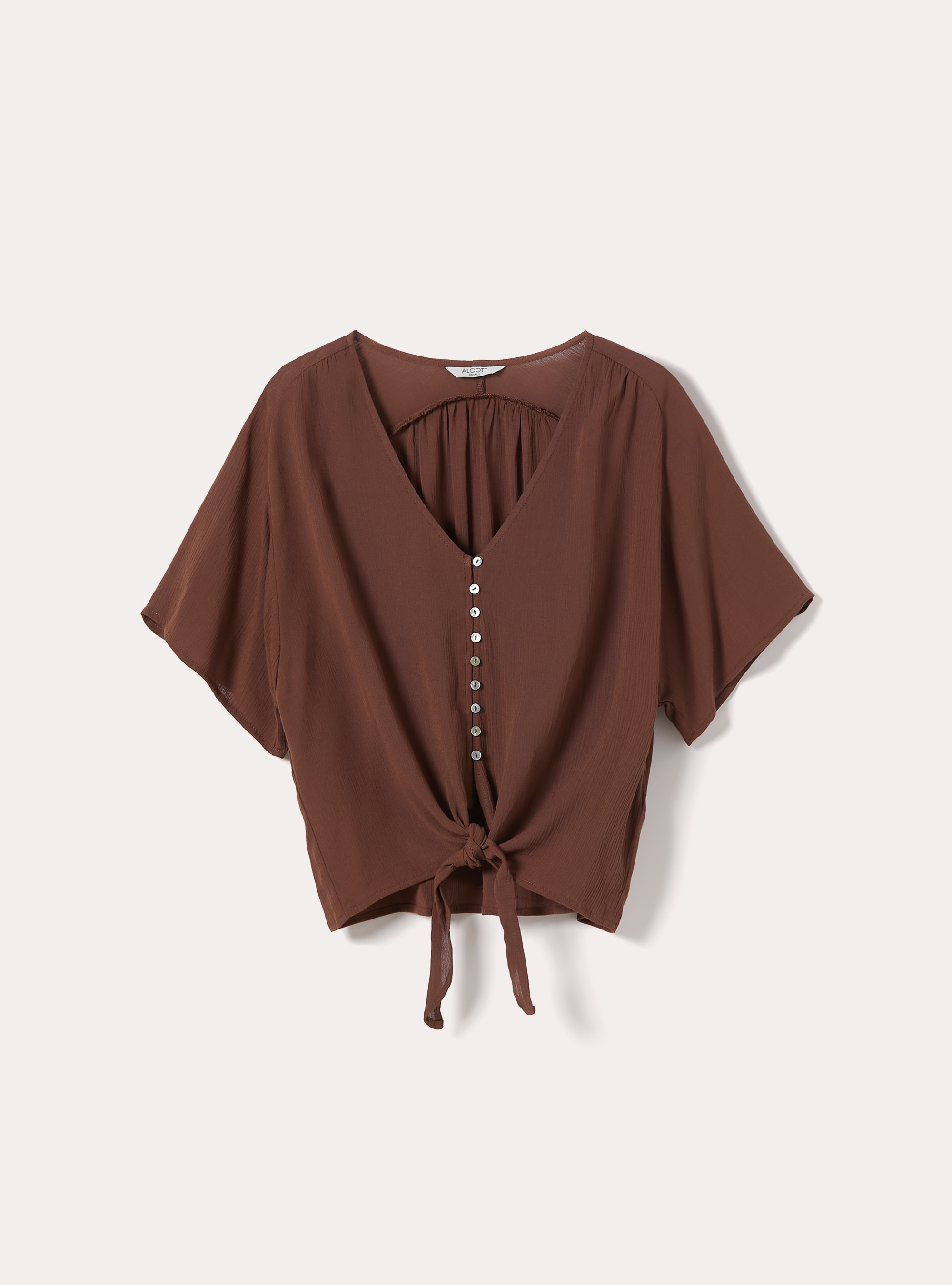 Camicia scollo a v tinta unita e nodo in vita, MARRONE MEDIO