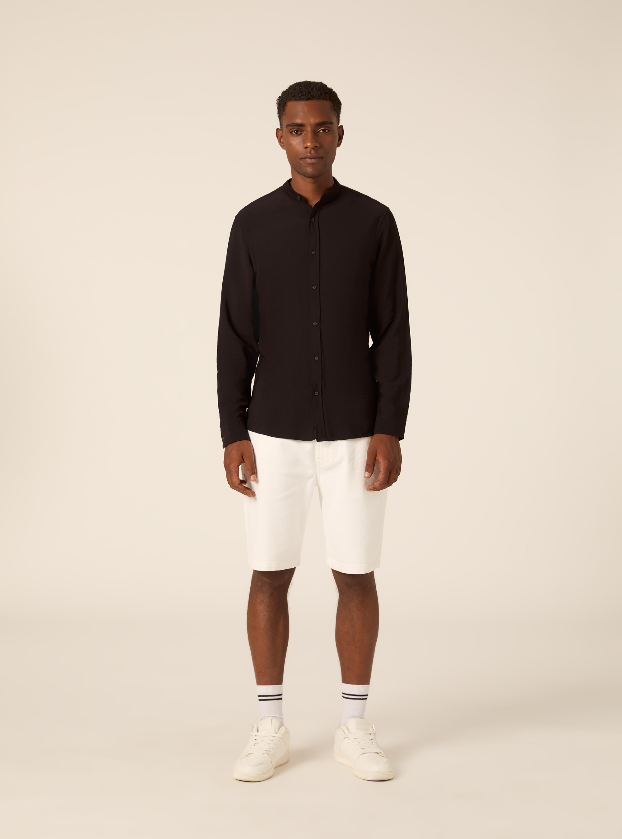 Regular Fit Mandarin Collar Shirt, BK1 BLACK