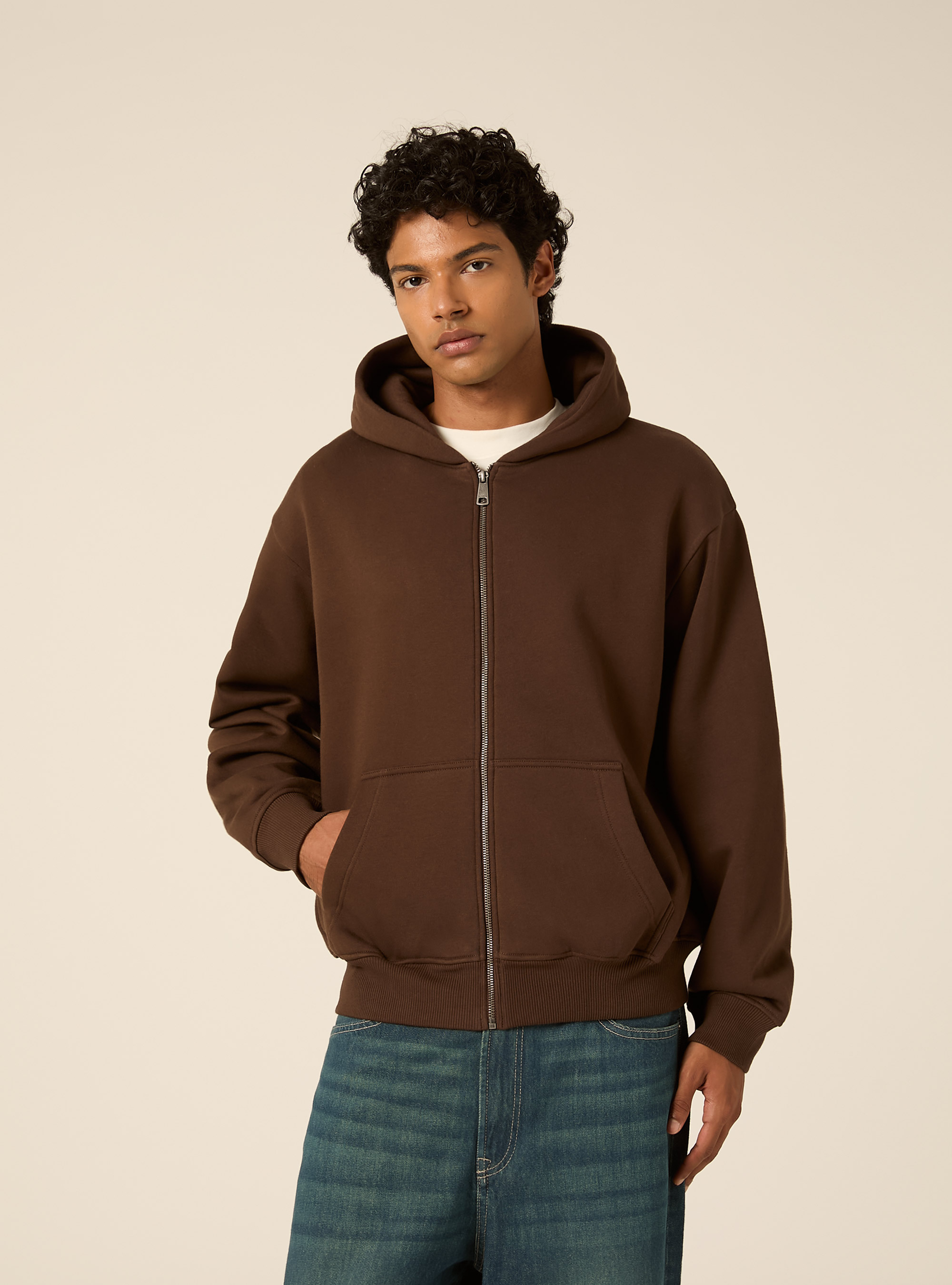 Felpa Boxy fit con zip e cappuccio, MARRONE MEDIO