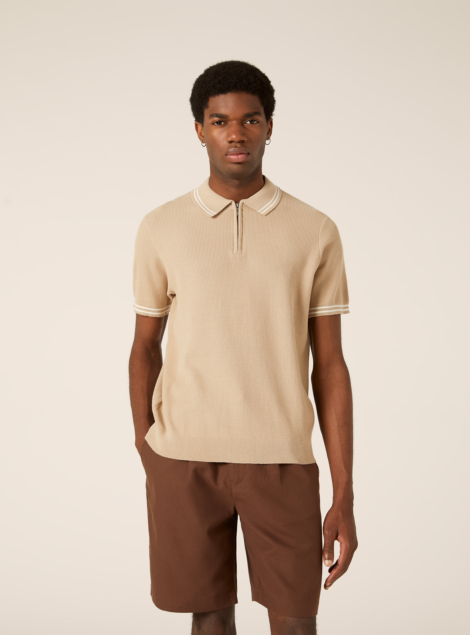 Strick-Poloshirt mit halbem Rei&szlig;verschluss, BG2 BEIGE MEDIUM