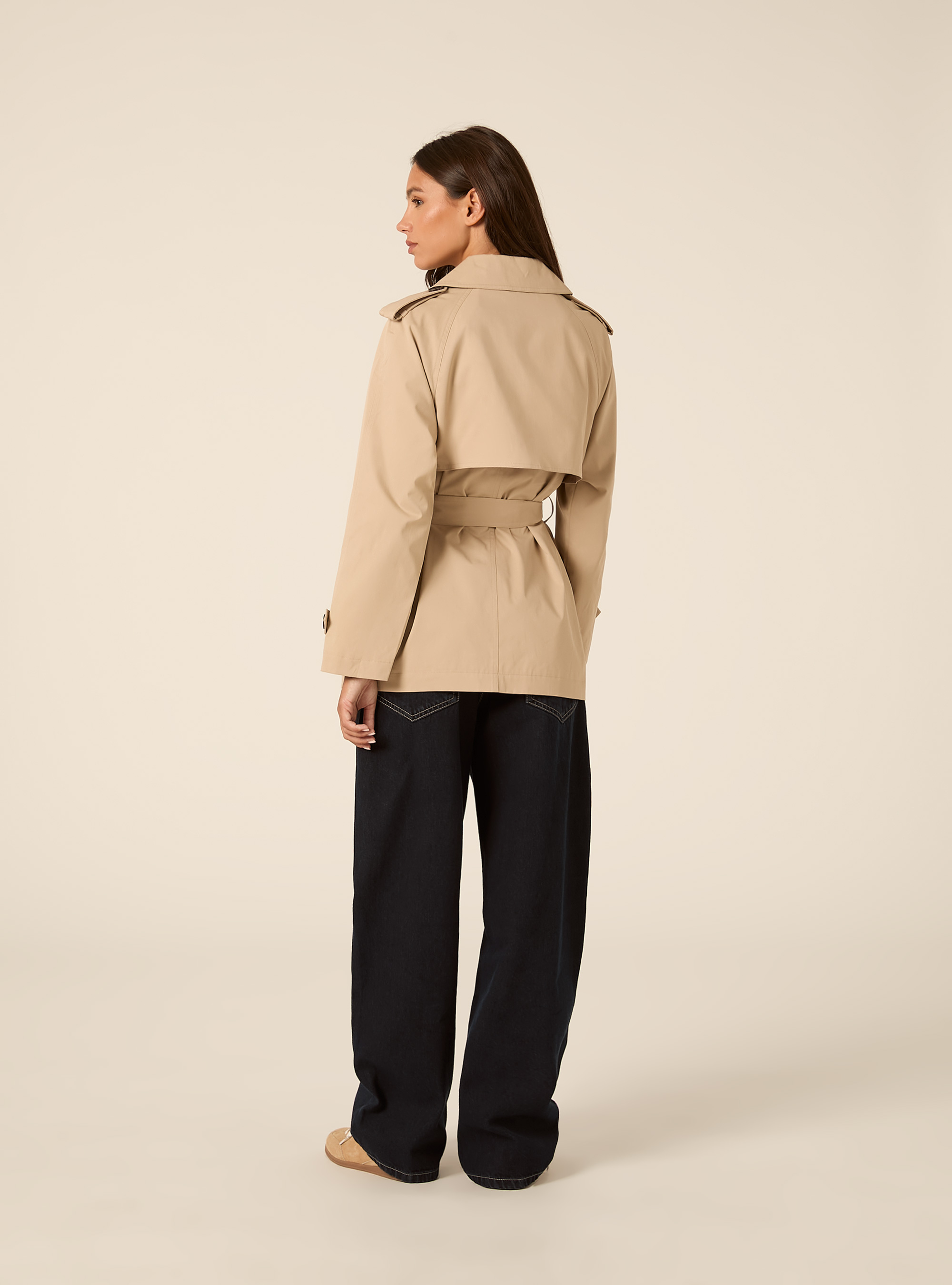 Short Double-Breasted Belted Trench Coat, BG2 BEIGE MEDIUM
