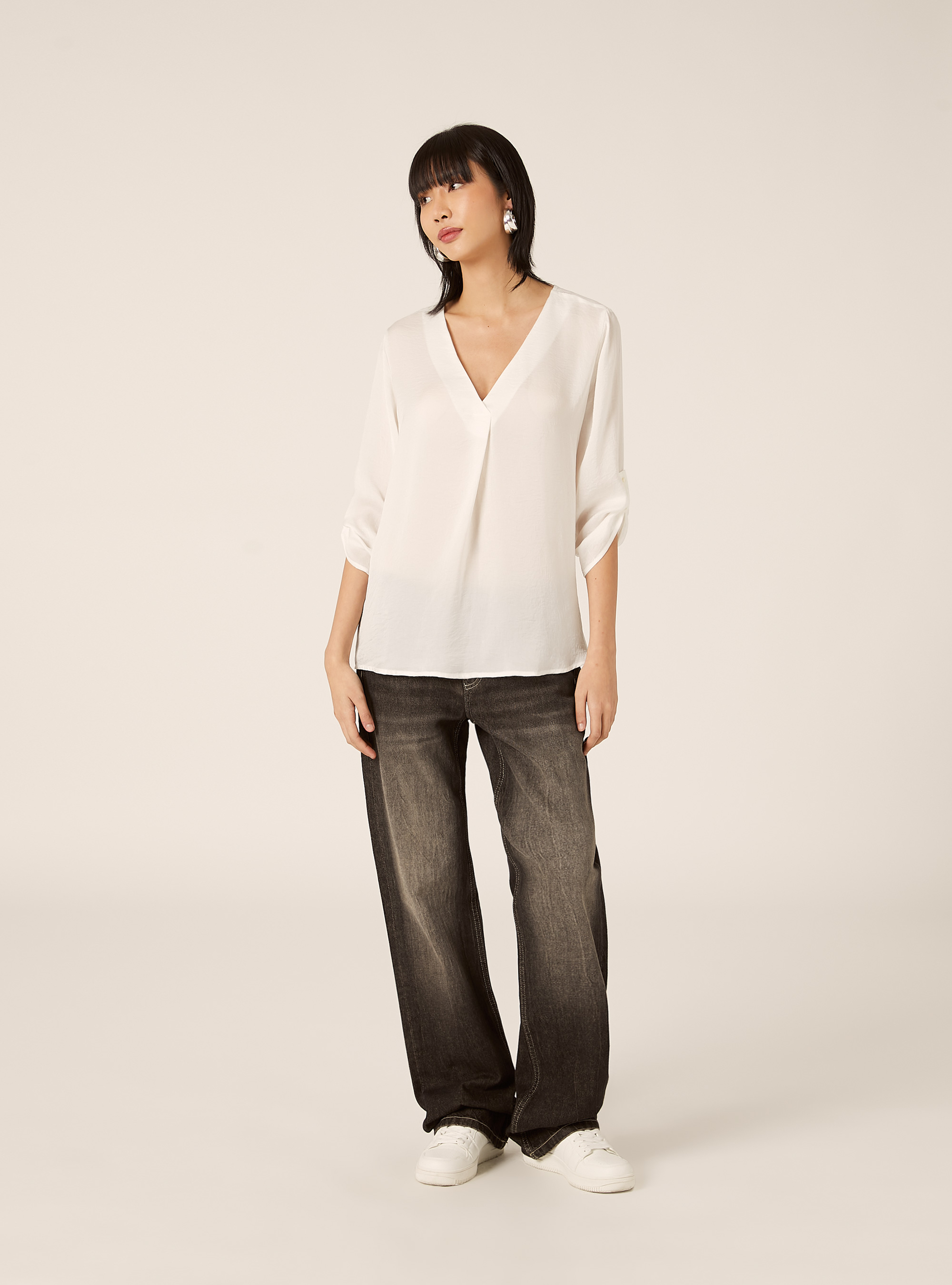 Blouse &agrave; encolure unie, WH1 OFF WHITE