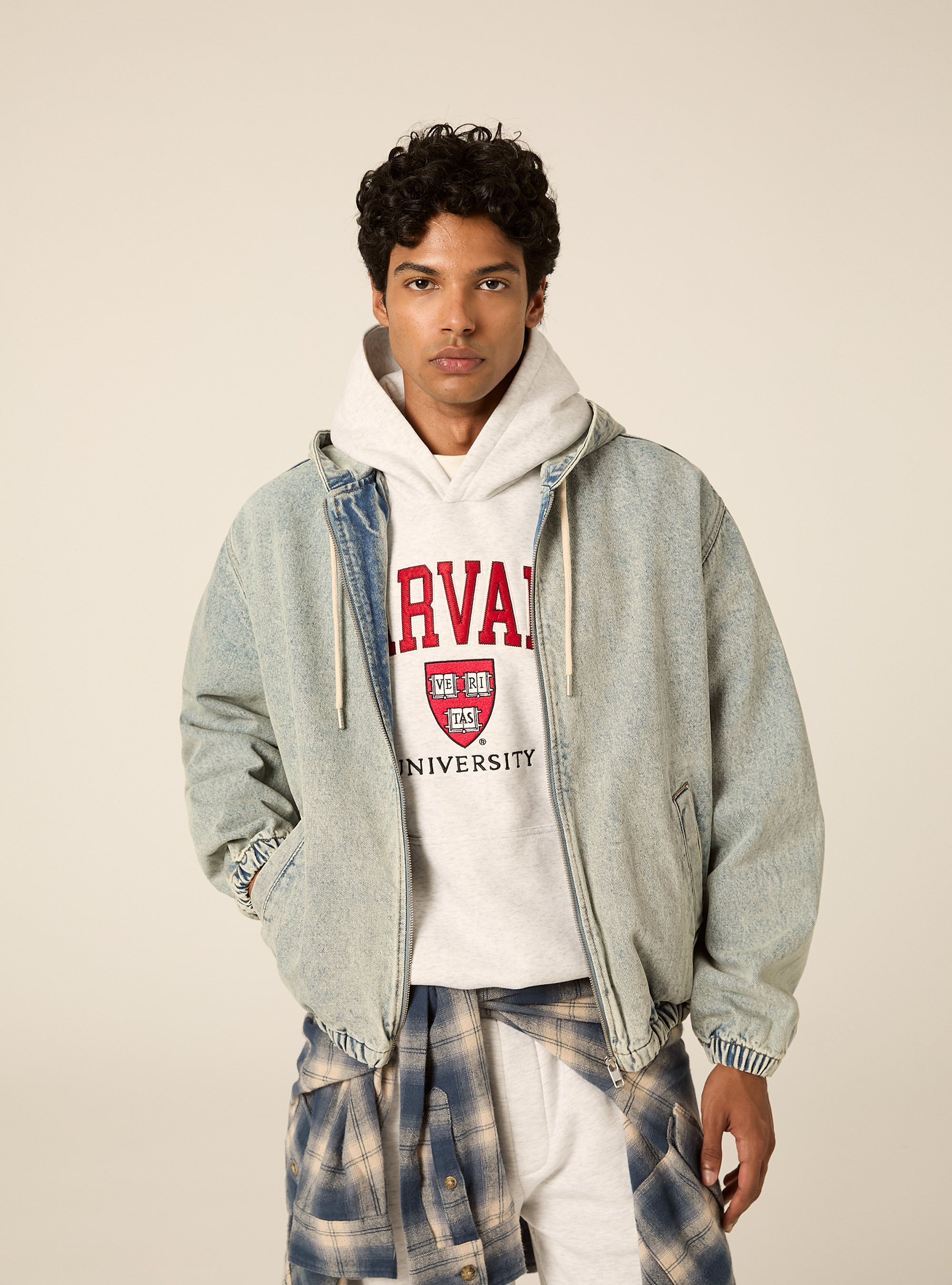 Hooded denim bomber jacket, D006 AZURE
