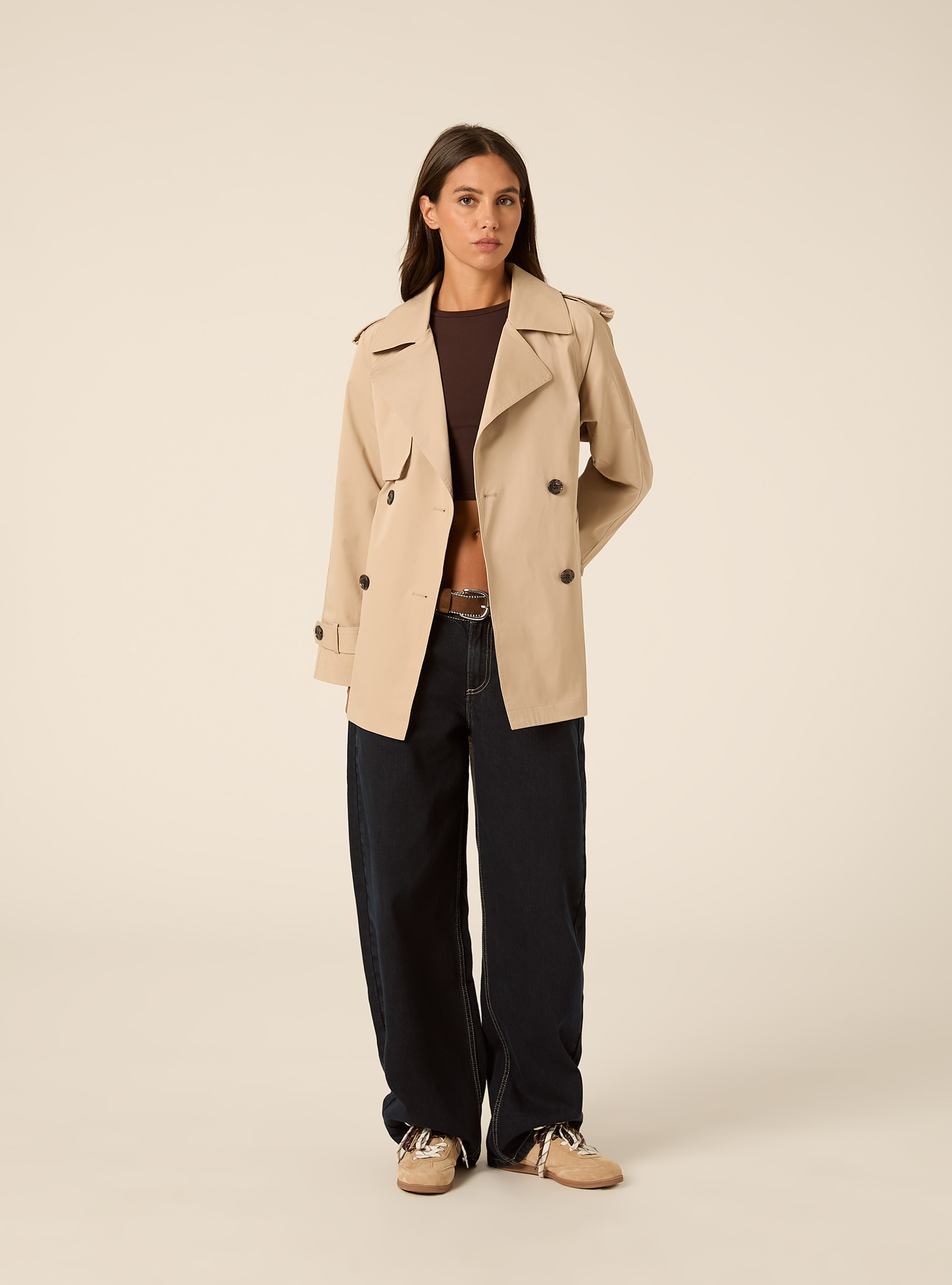 Short Double-Breasted Belted Trench Coat, BG2 BEIGE MEDIUM