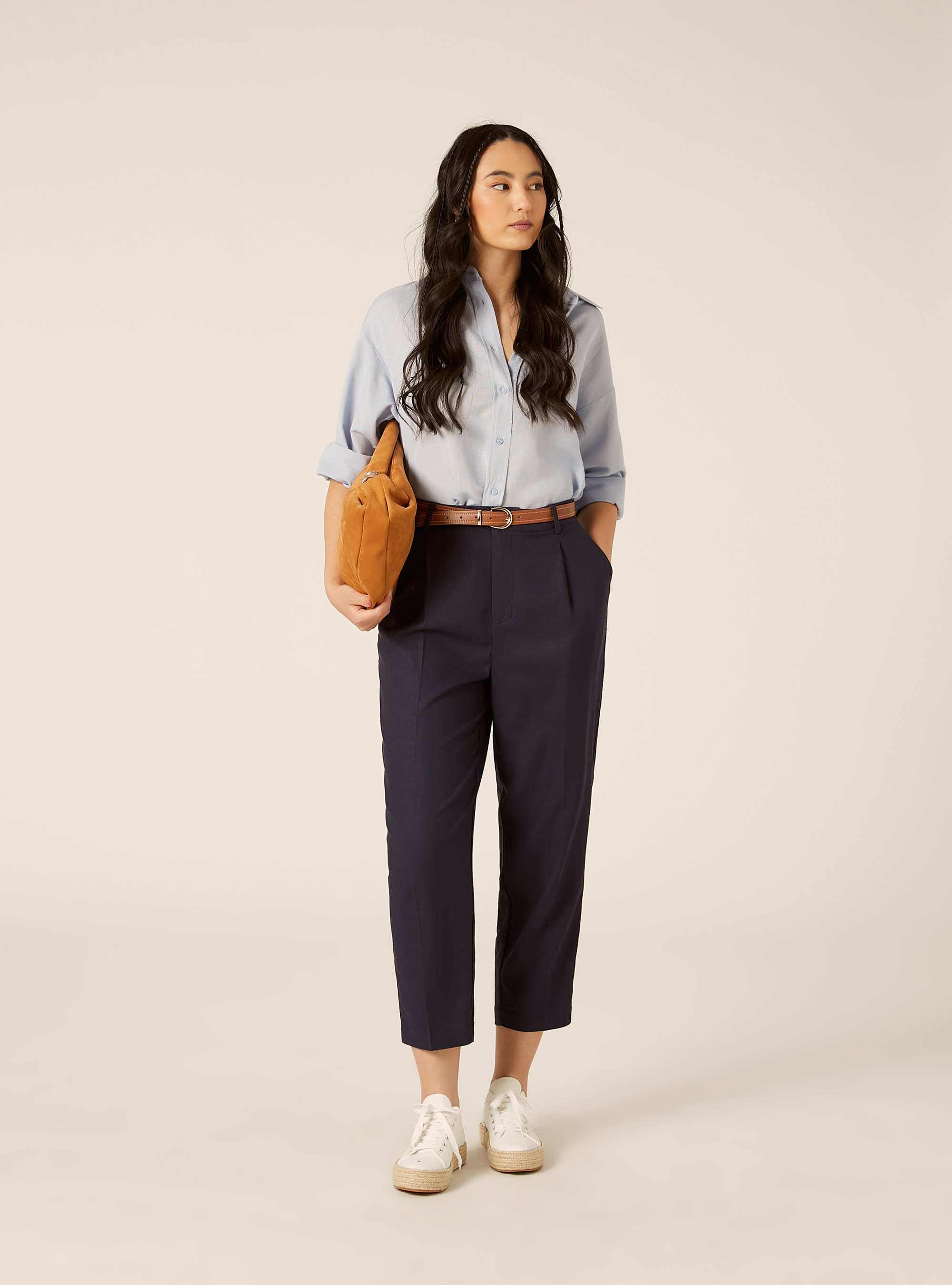 Pantalones Chino en mezcla de Lino con cintur&oacute;n, NA2 NAVY MEDIUM
