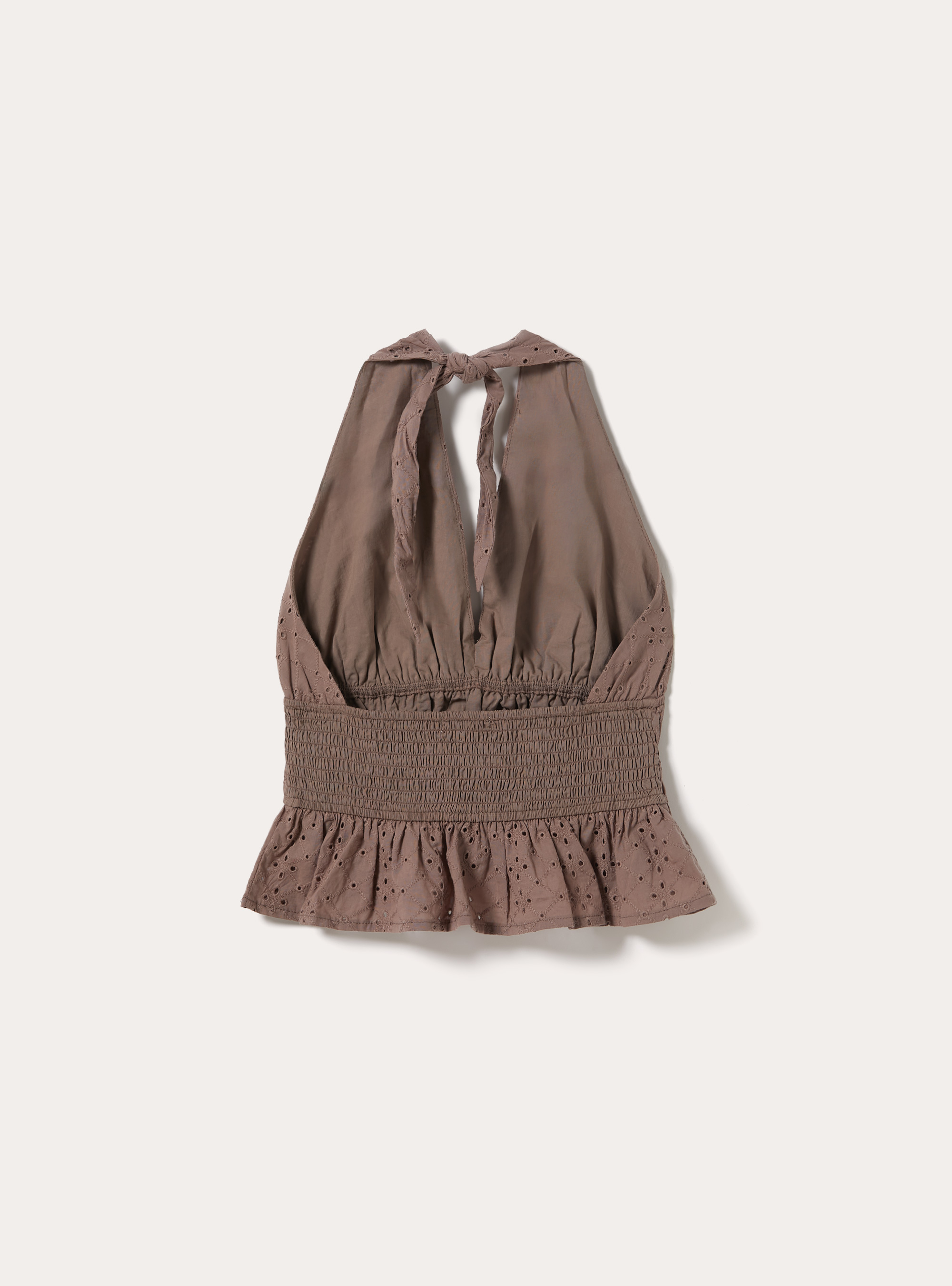 Top Halter de Bordado Suizo con Cintura Fruncida y Volante, BR3 BROWN LIGHT