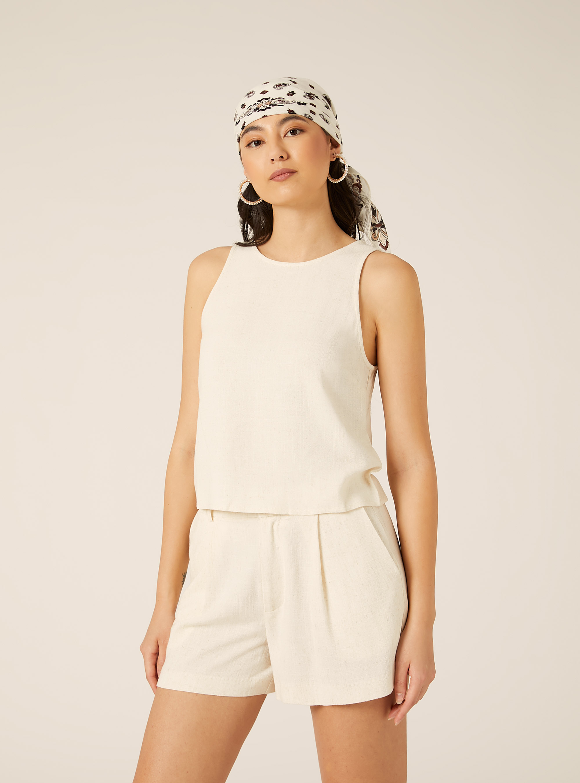 Linen Blend Basic Tank Top, MBG3 BEIGE MEL LIGHT