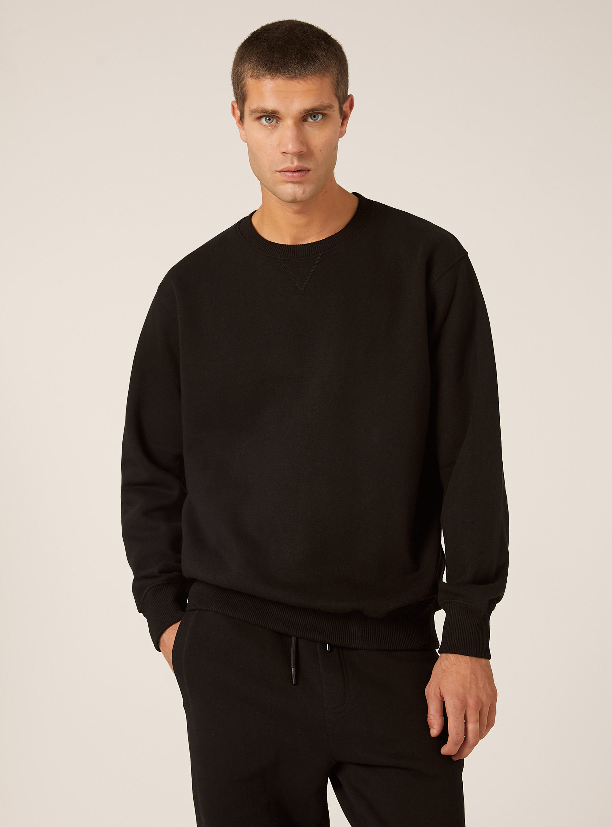 Sweat-shirt &agrave; col rond uni, BK1 BLACK