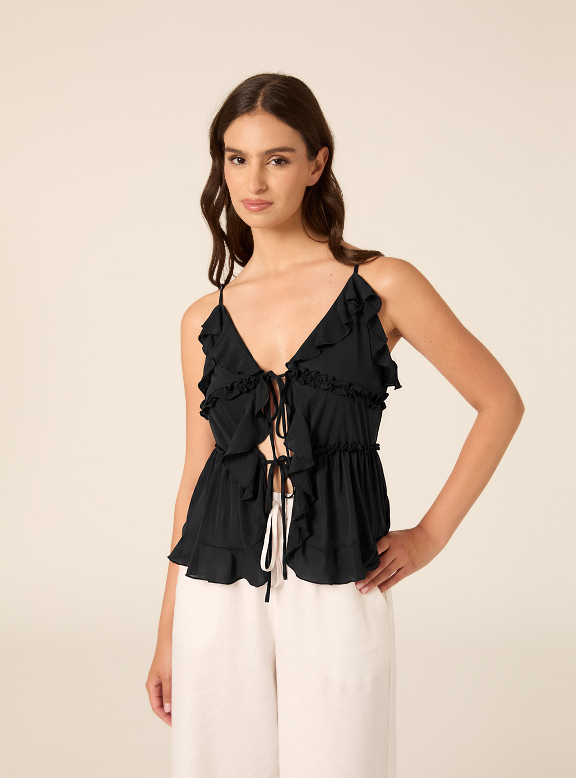 Ruffled Cami Top with Front Tie Details, BK1 BLACK