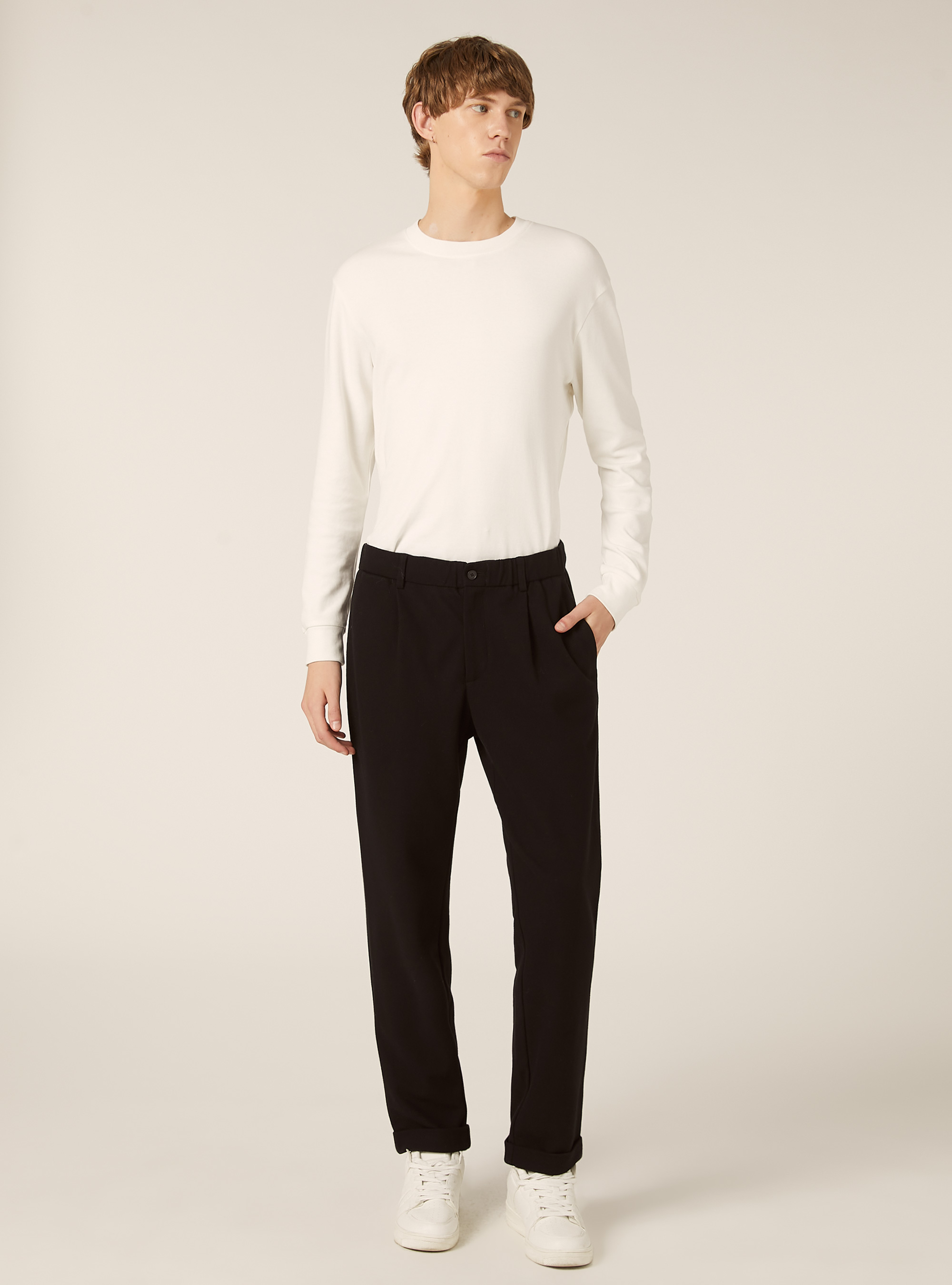 Pantalon &agrave; pinces effet flanelle, BK1 BLACK