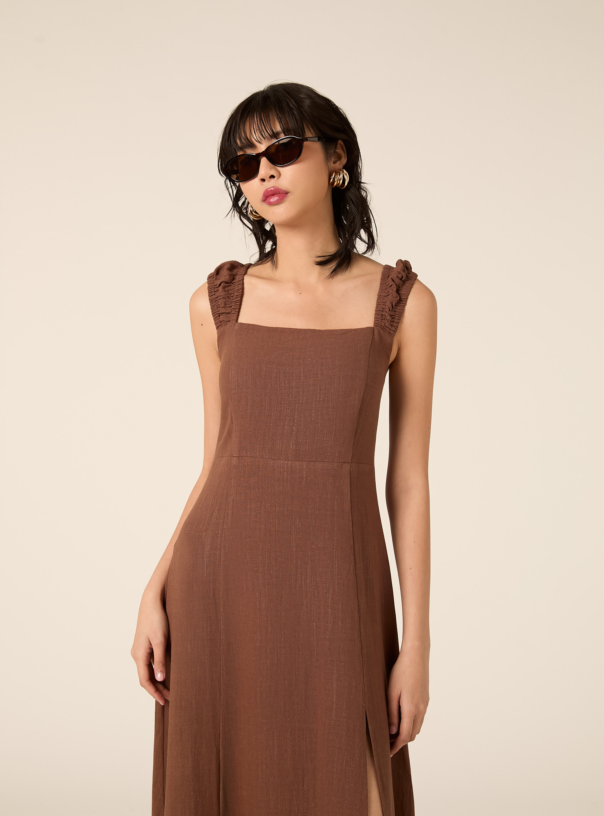 Linen-blend dress with an open back, BR1 BROWN DARK