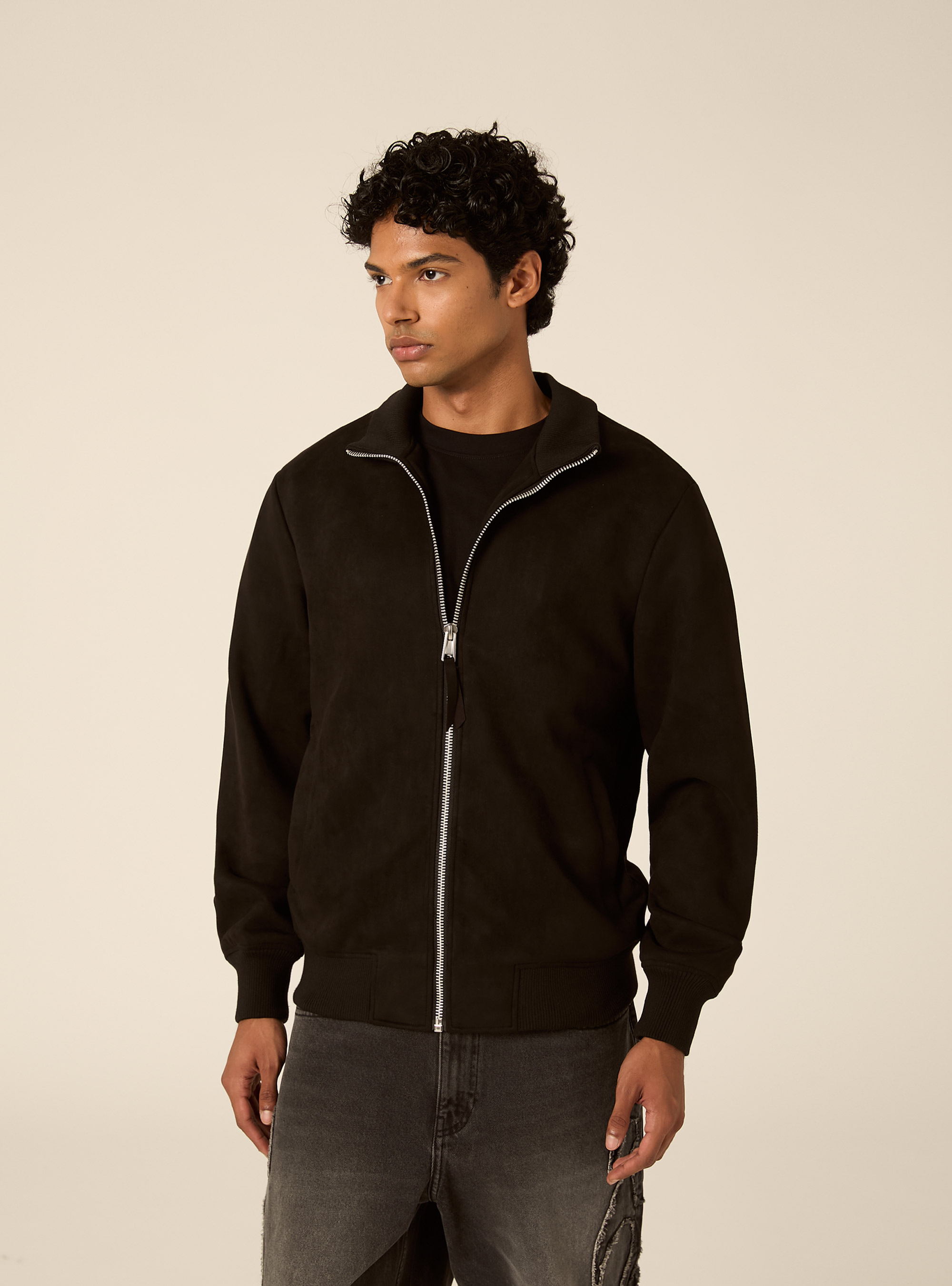 Faux suede high neck zip jacket, BK1 BLACK