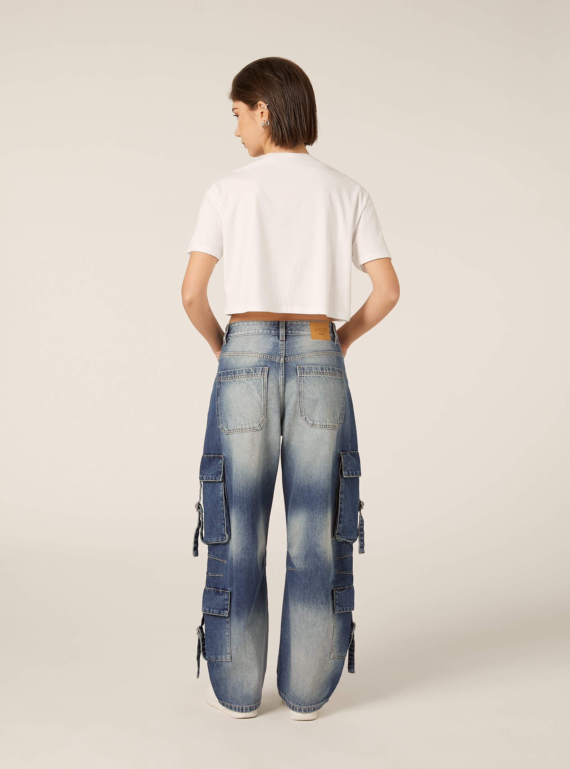 Baggy-fit cargo jeans with drawstrings, D004 MEDIUM LIGHT BLUE