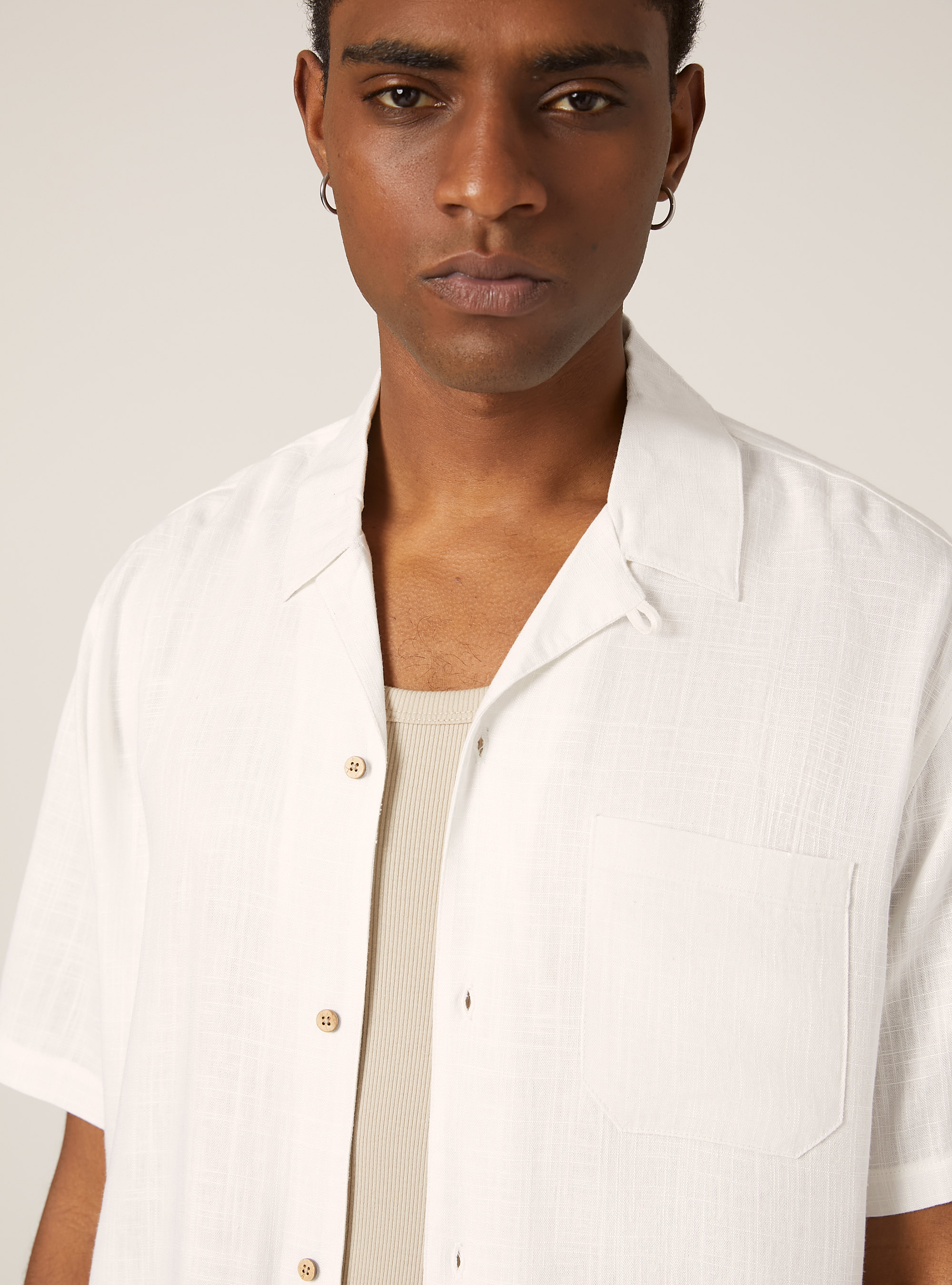 Chemise en lin m&eacute;lang&eacute; avec col bowling, WH1 OFF WHITE