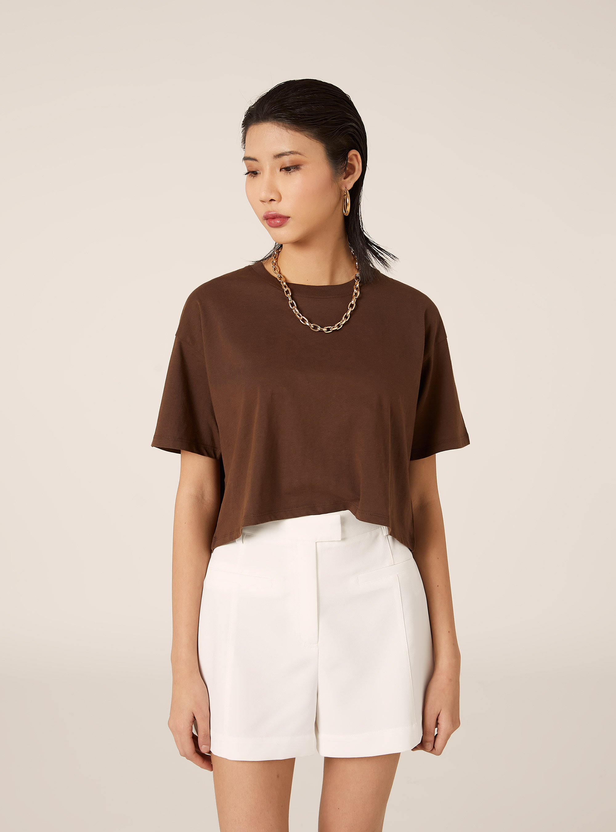 Basic Crew Neck Cropped T-Shirt, BR2 BROWN MEDIUM