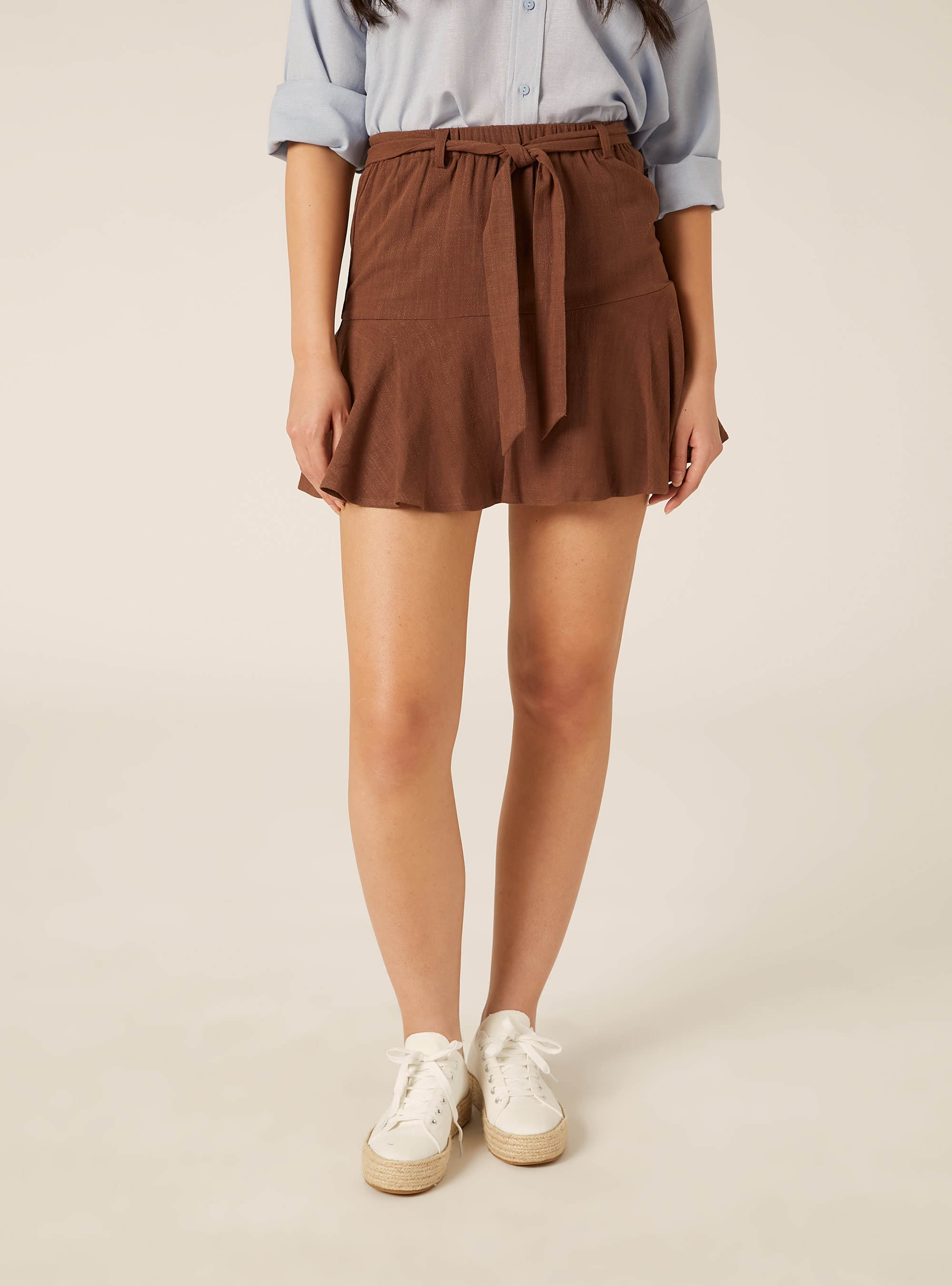 Linen Blend Skort with Tie-Waist Belt, BR3 BROWN LIGHT