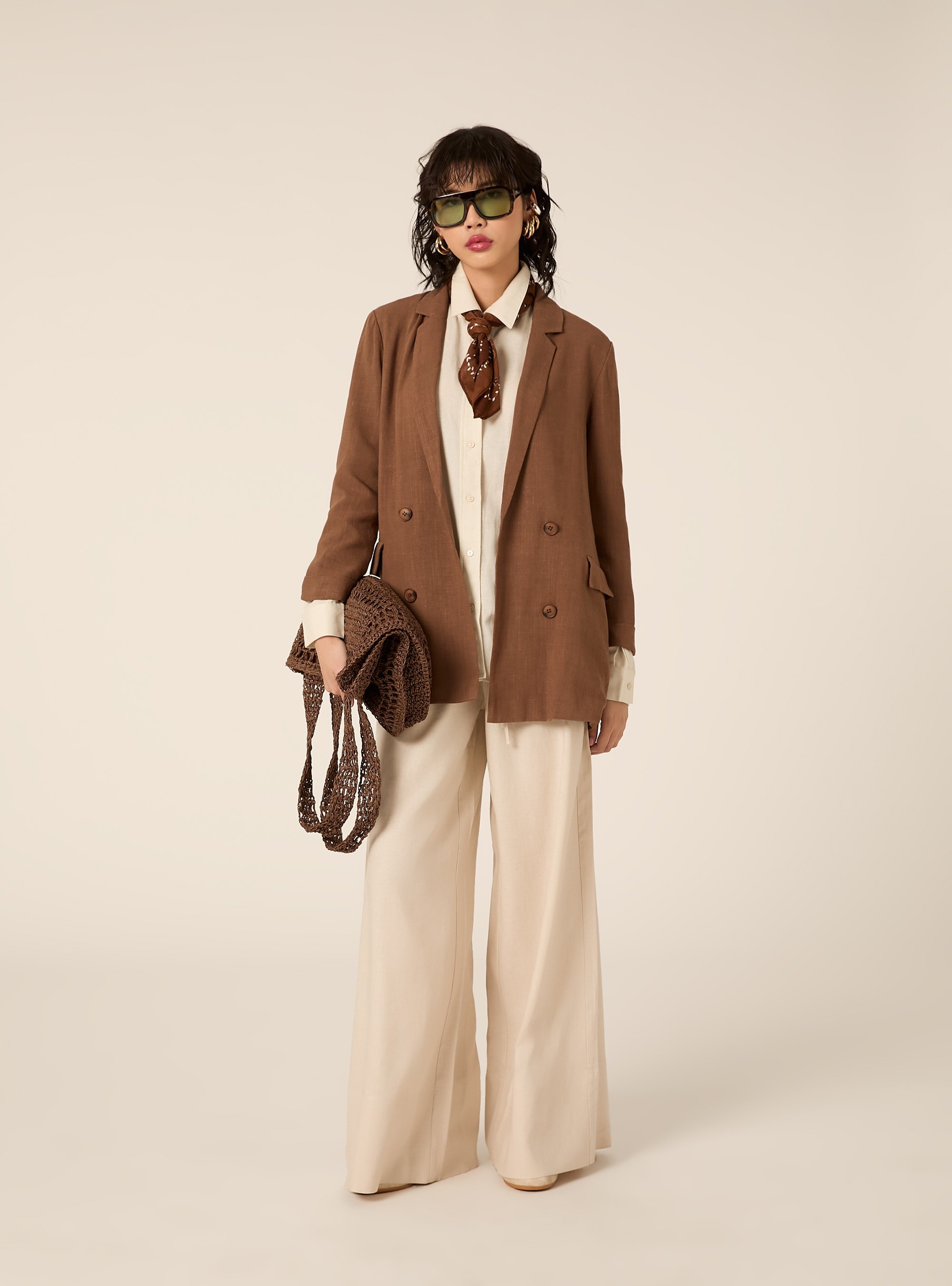 Blazer cruzado de mezcla de lino, BR3 BROWN LIGHT