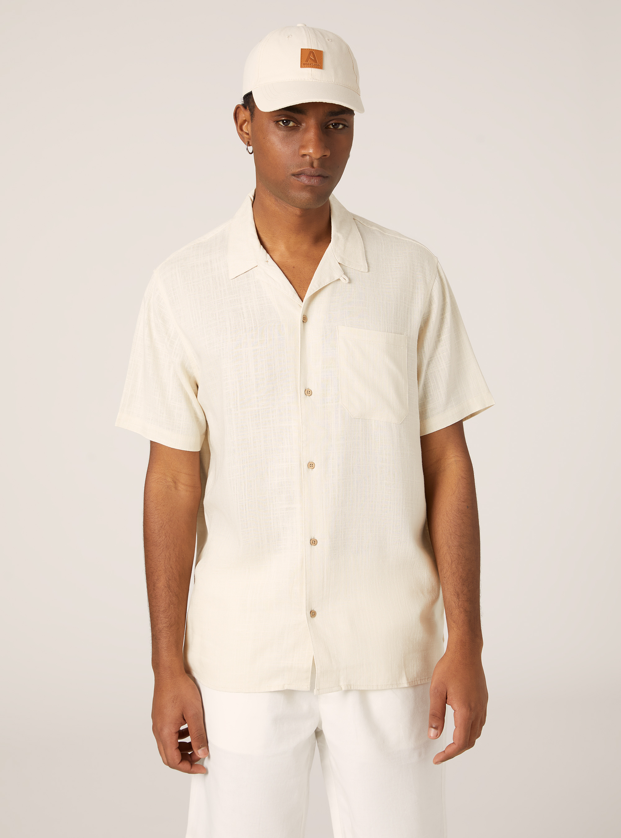 Chemise en lin m&eacute;lang&eacute; avec col bowling, BG3 BEIGE LIGHT