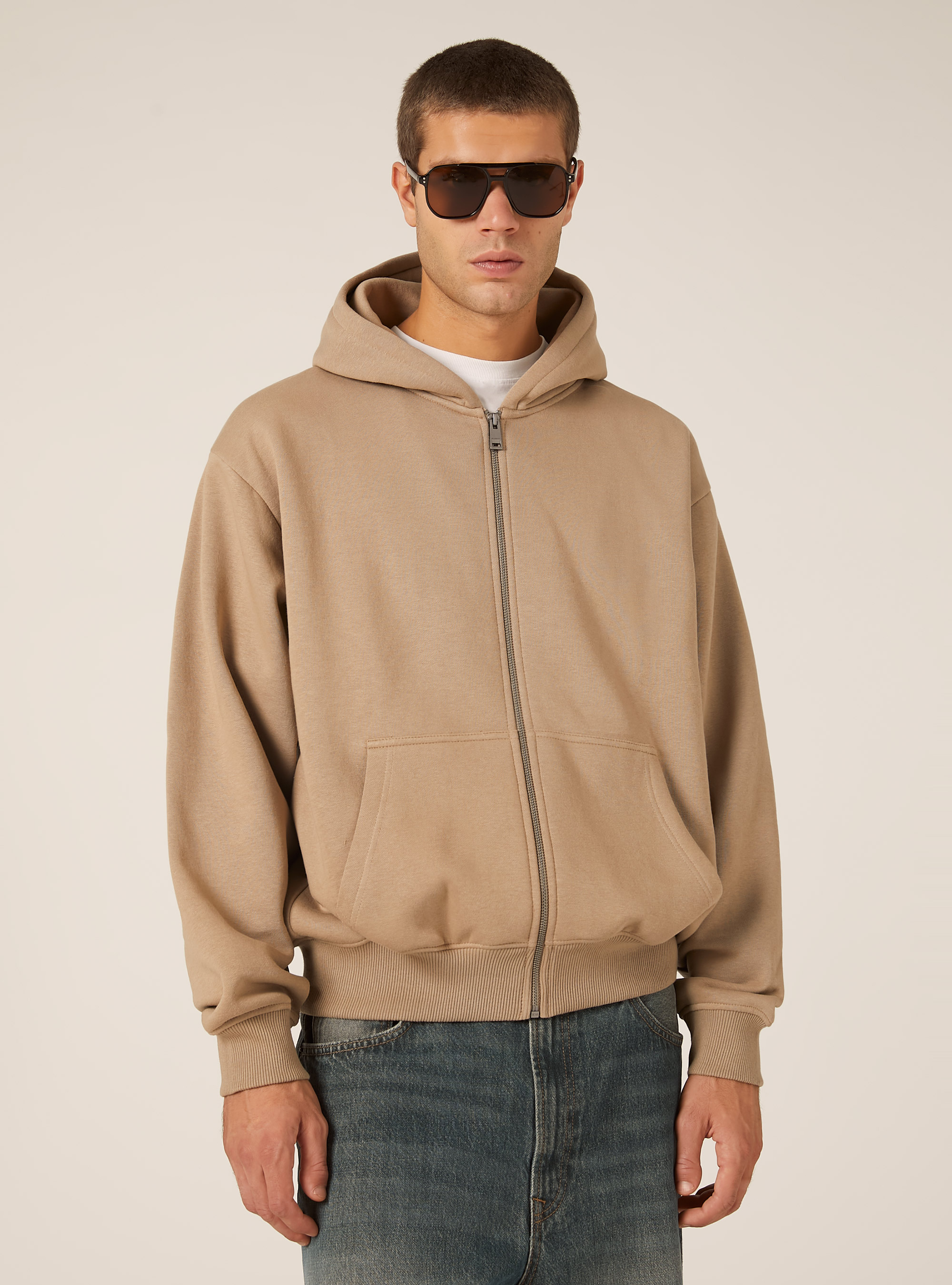Sweat-shirt zipp&eacute; &agrave; capuche coupe boxy, BG1 BEIGE DARK