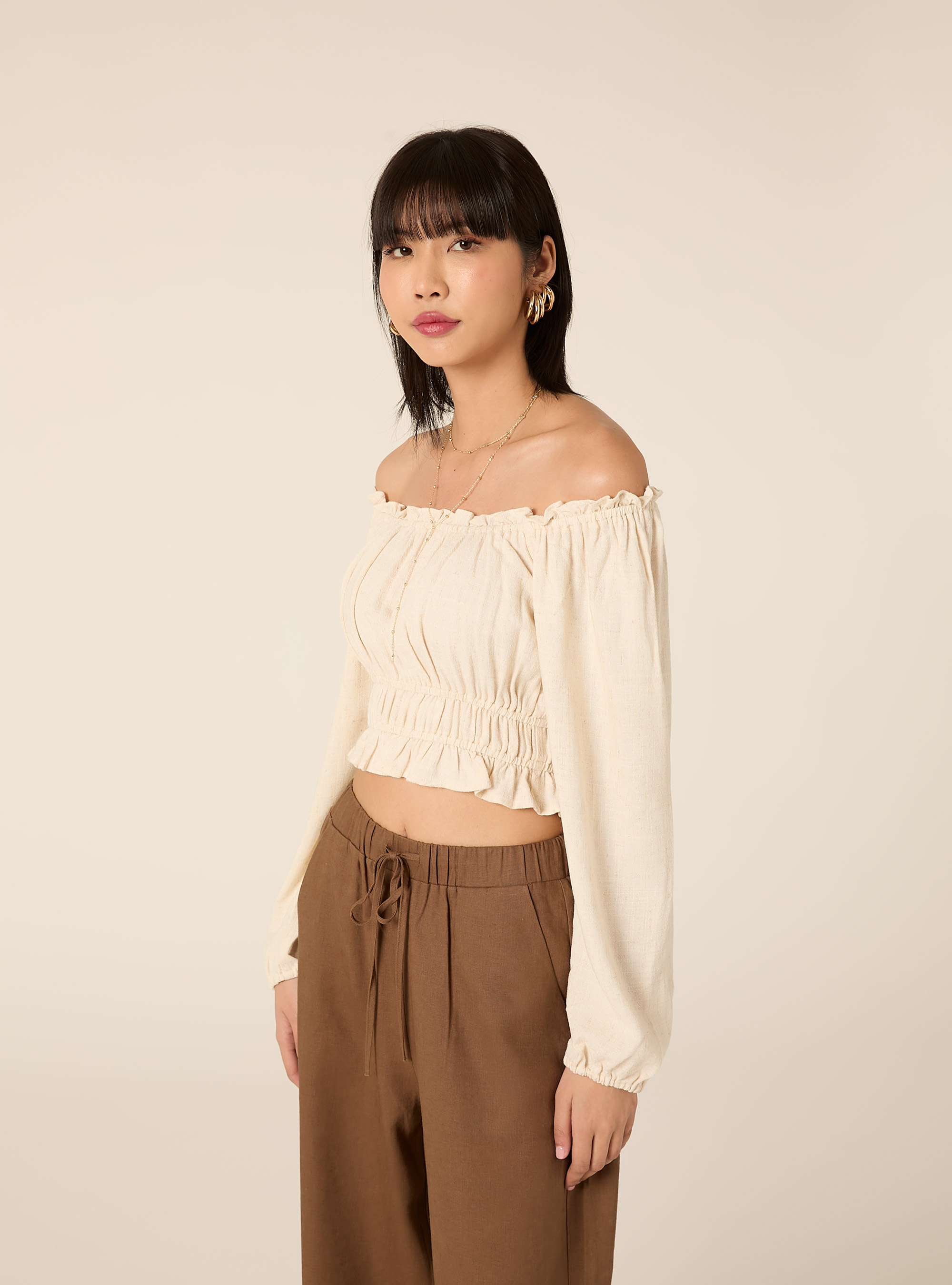 Blusa boho de mezcla de lino, MBG3 BEIGE MEL LIGHT