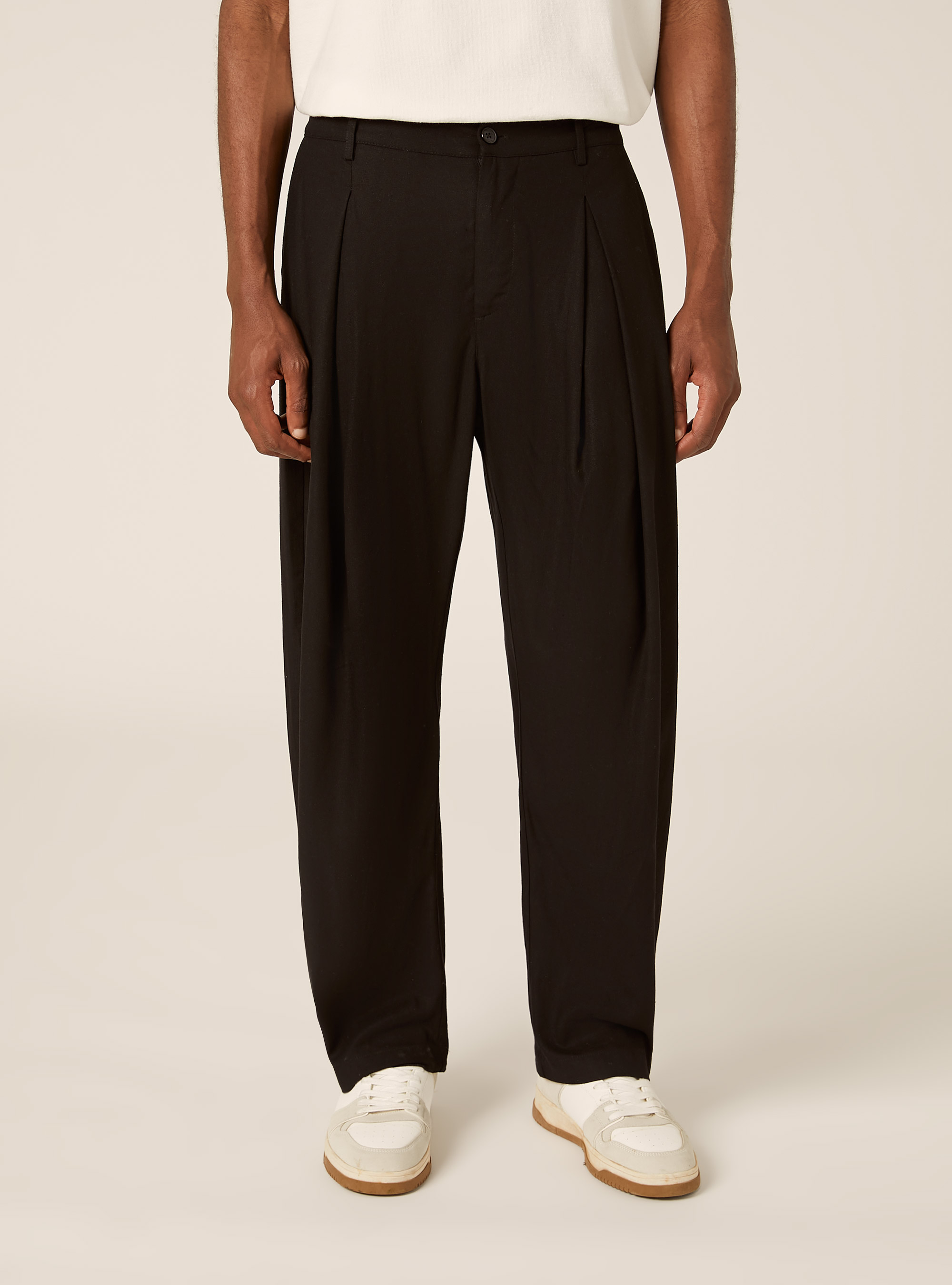 Linen Blend Pleated Trousers, BK1 BLACK