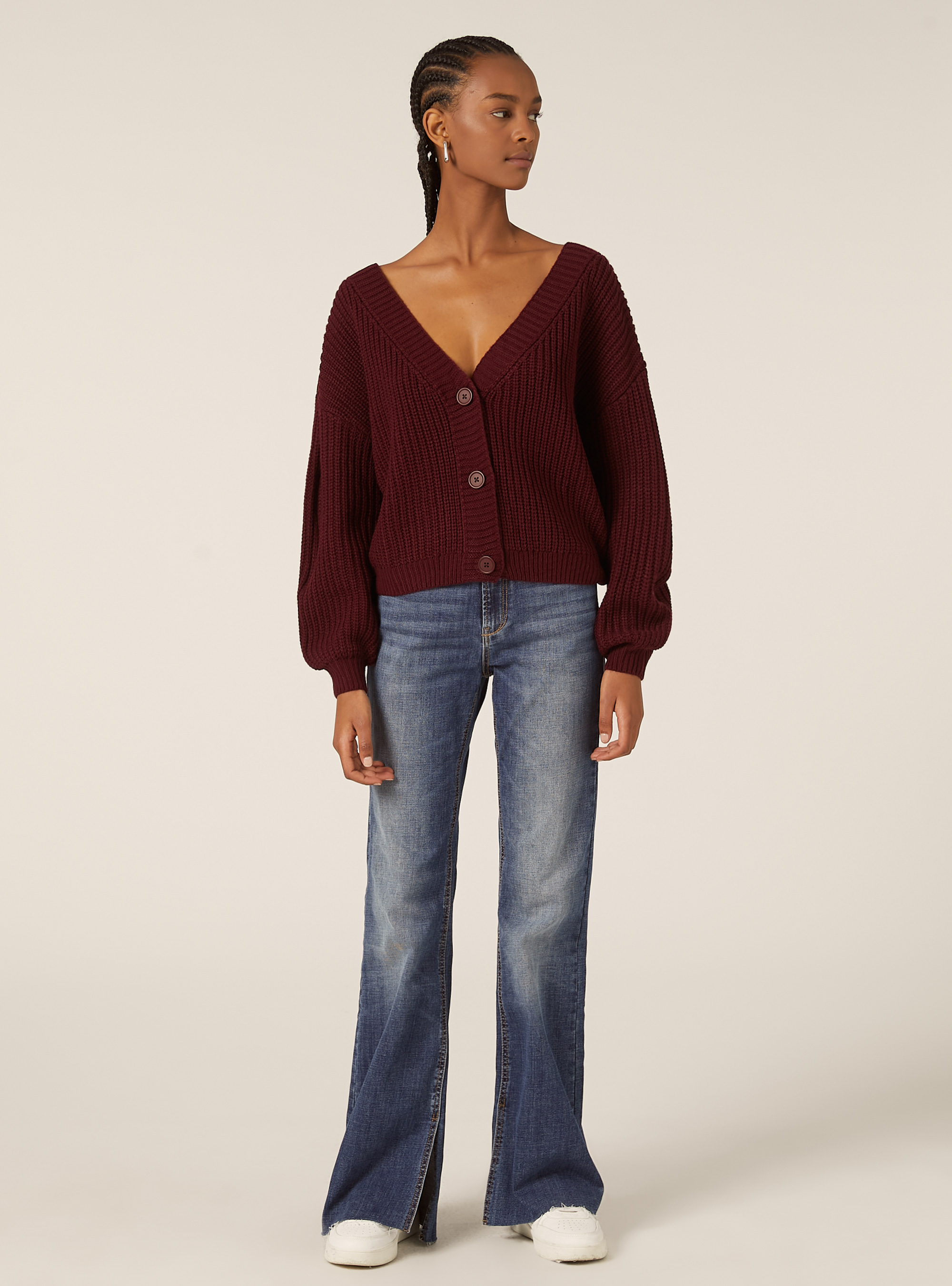 Cardigan en maille &agrave; encolure en V, BO1 BORDEAUX DARK