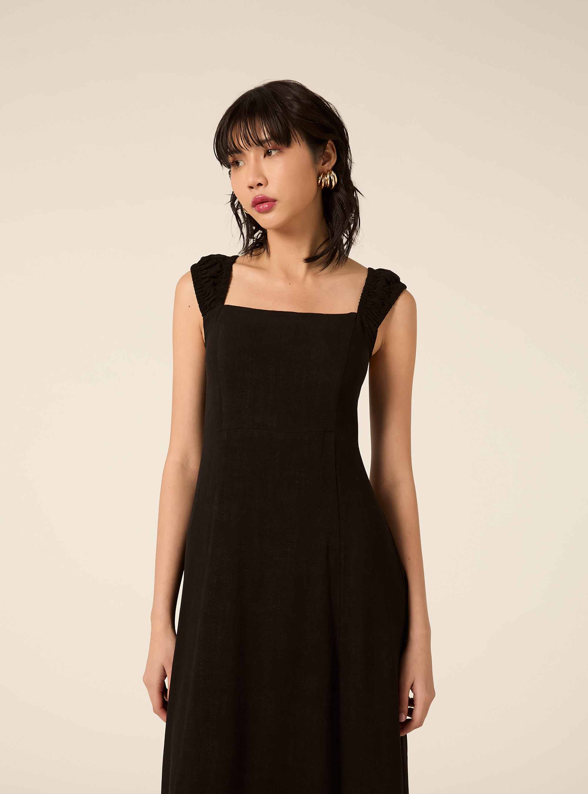 Linen-blend dress with an open back, BK1 BLACK