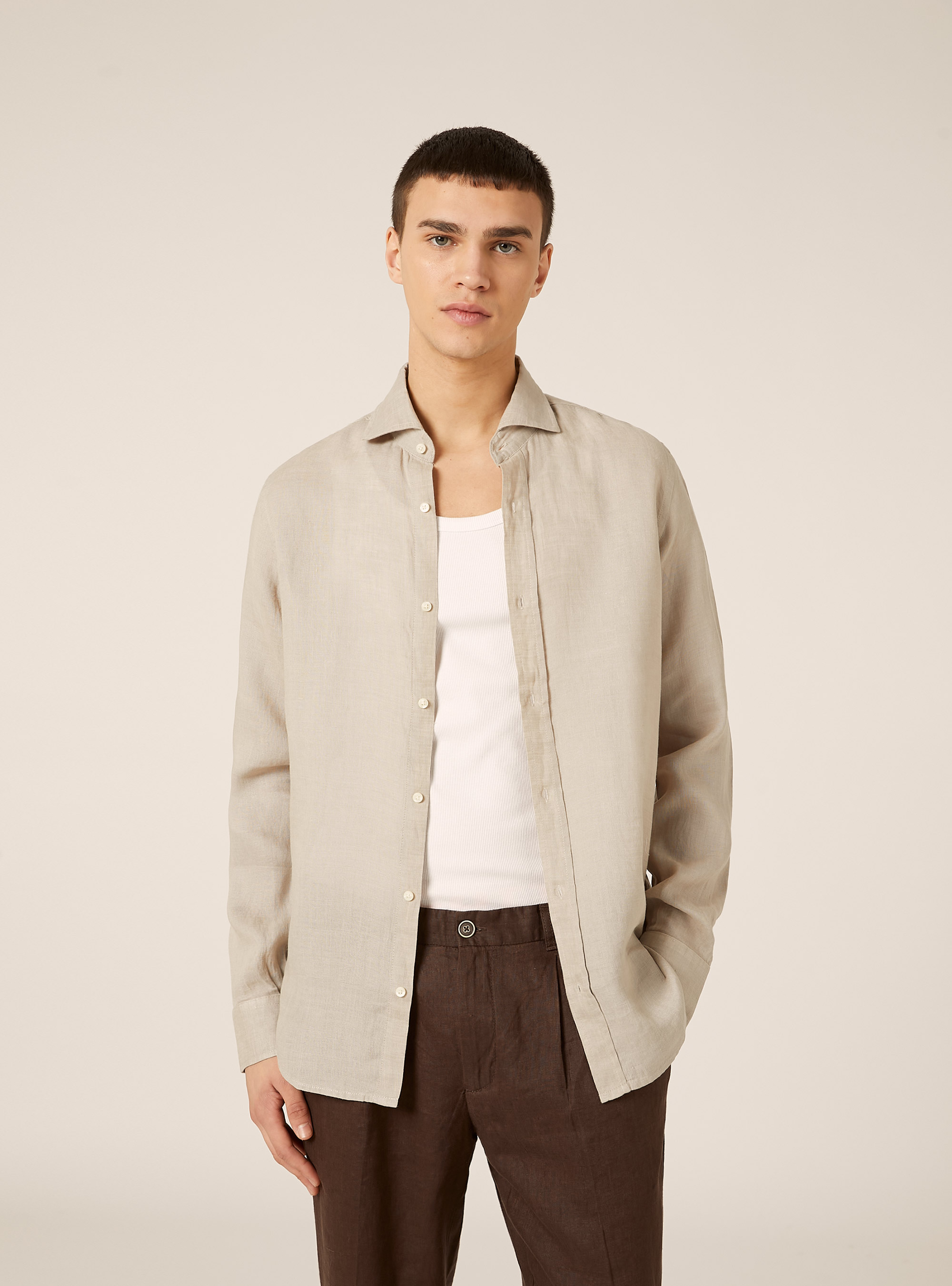 Camicia in puro lino a maniche lunghe, BEIGE MEDIO MELANGE