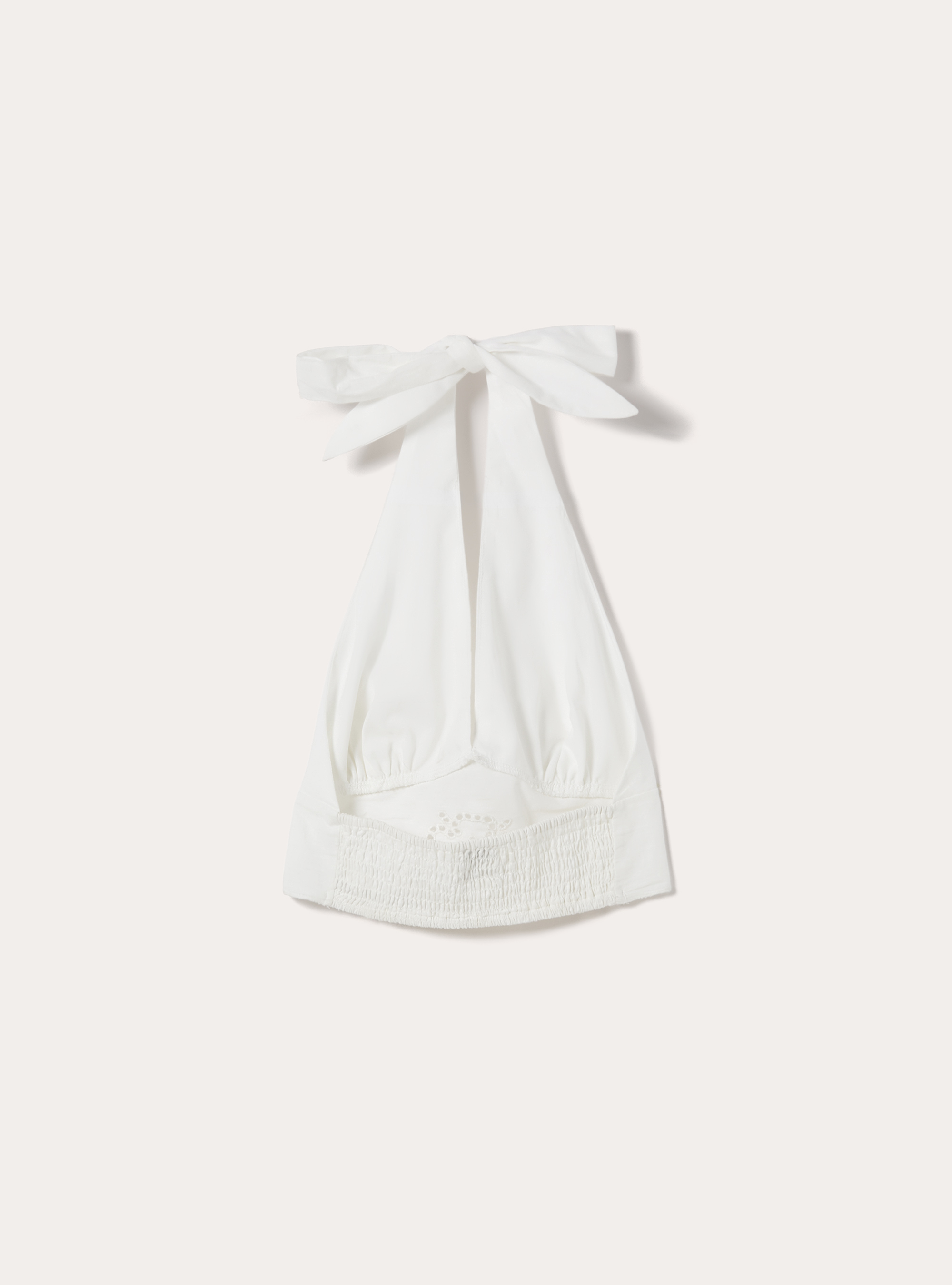 Linen Blend Halter Crop Top with Embroidered Hem, WH2 WHITE