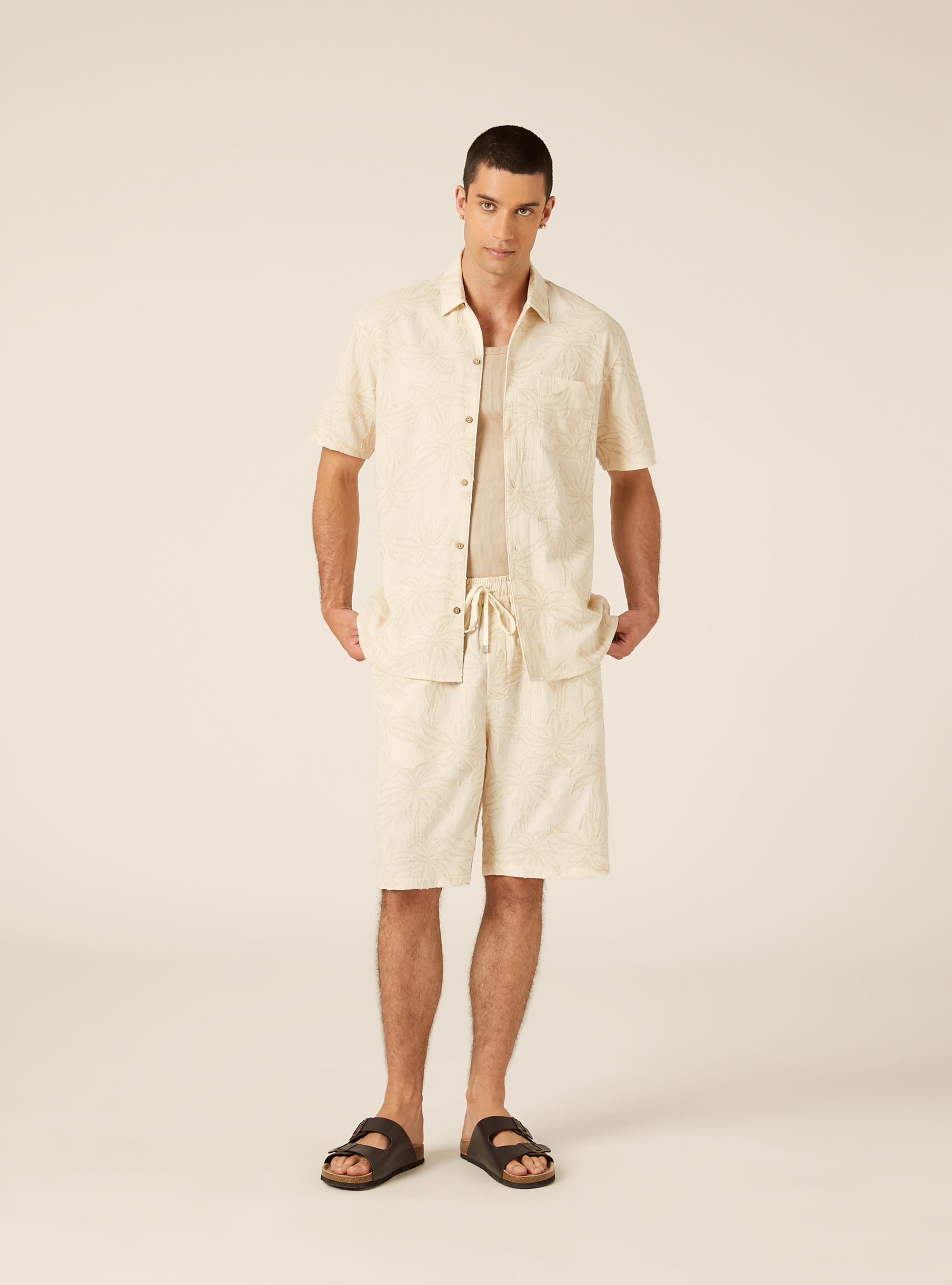 Bermuda en M&eacute;lange de Lin Jacquard Motif Palmiers, CR3 CREAM LIGHT