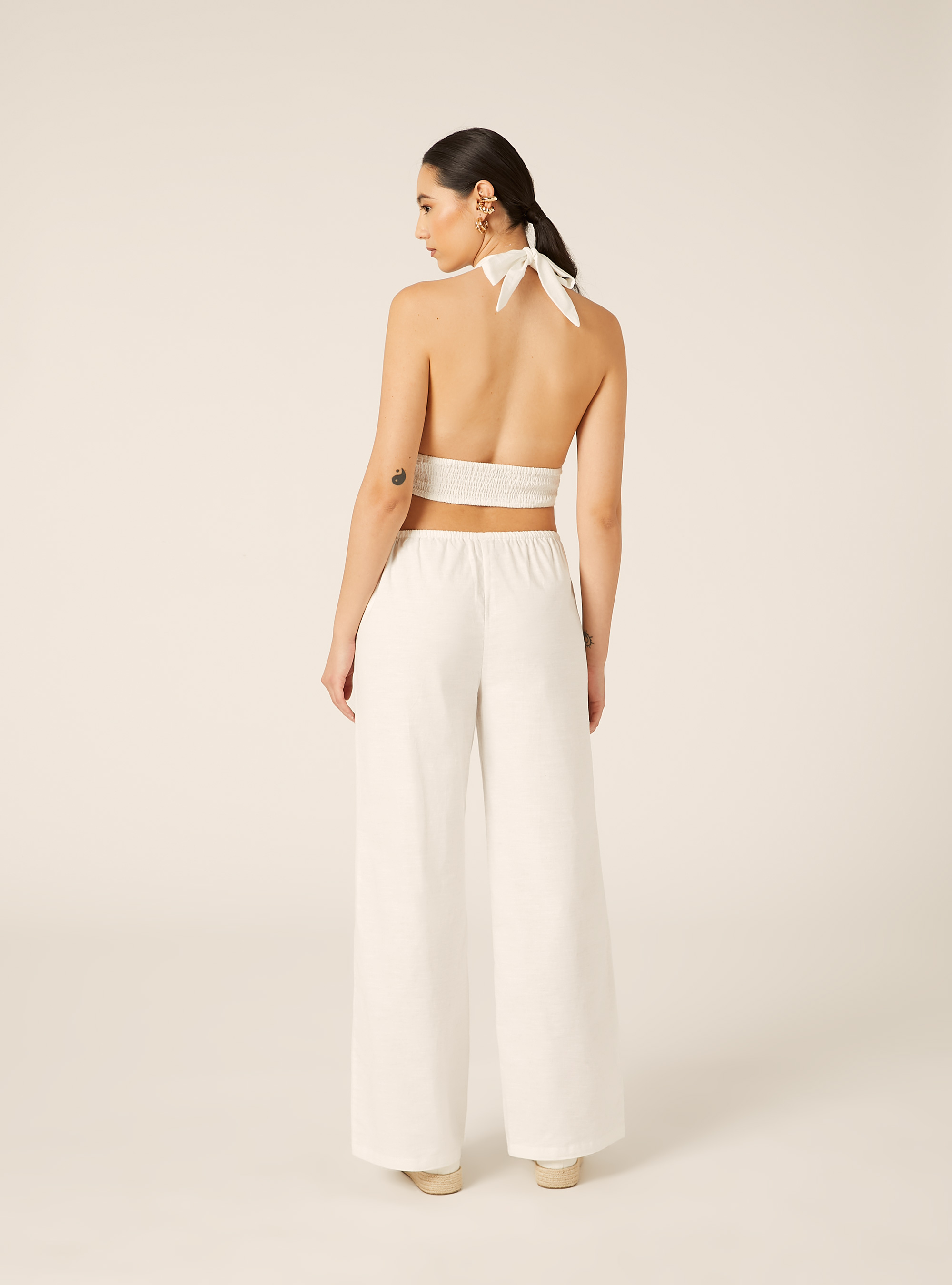 Pantalon Large en M&eacute;lange de Lin avec Broderie Anglaise Lat&eacute;rale, WH2 WHITE