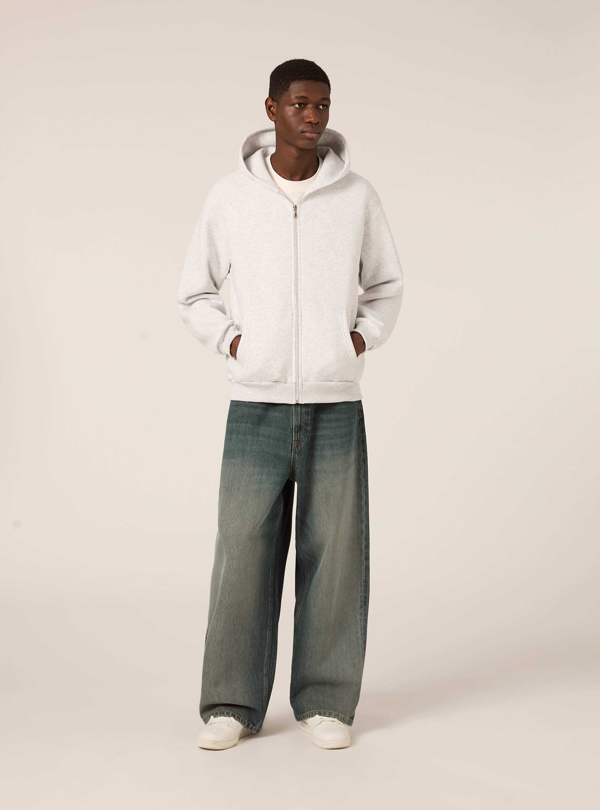 Sweat &agrave; capuche zipp&eacute; coupe boxy, MGY3 GREY MEL LIGHT